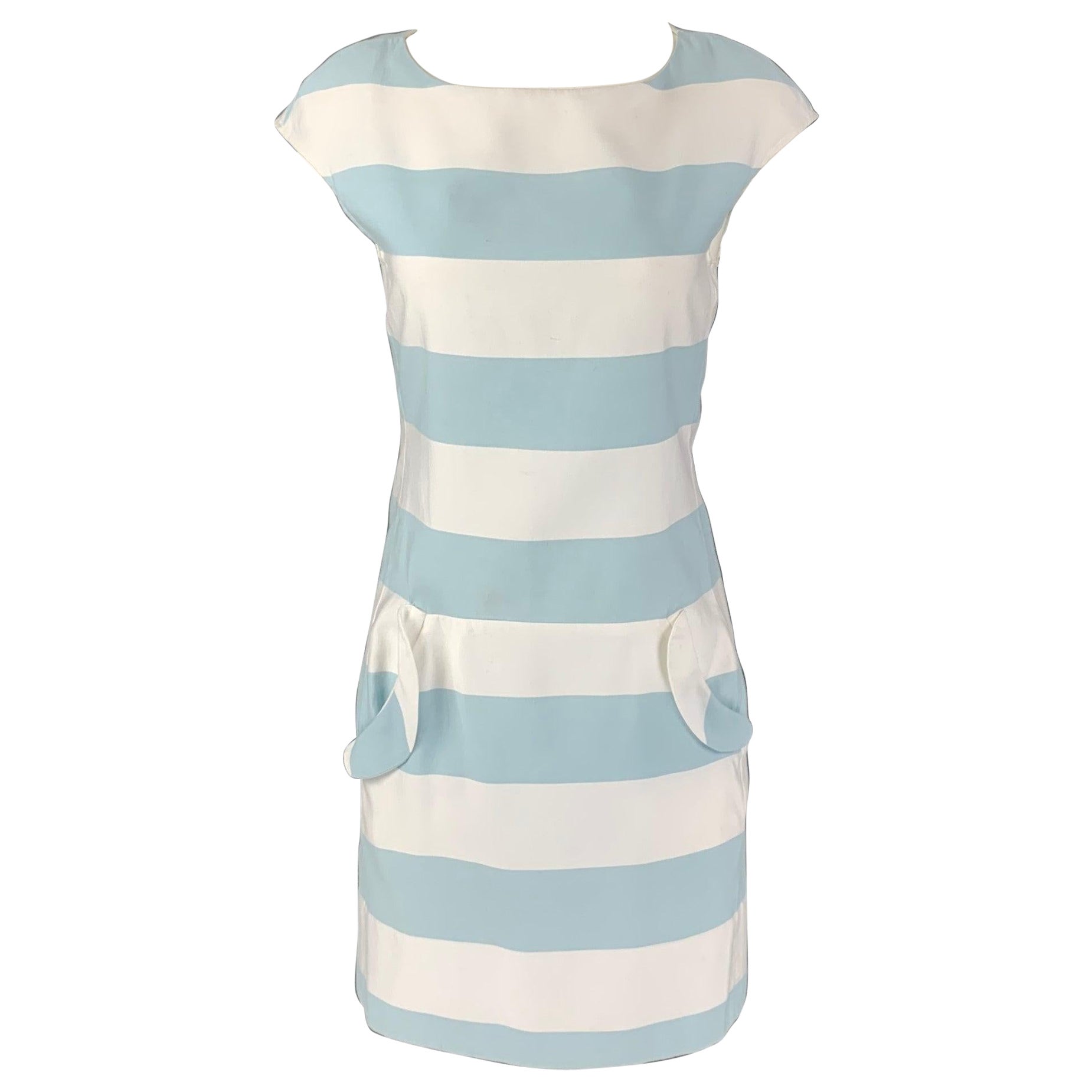 MOSCHINO Size 4 Light Blue & White Cotton and Polyester Stripe Sleeveless Dress For Sale
