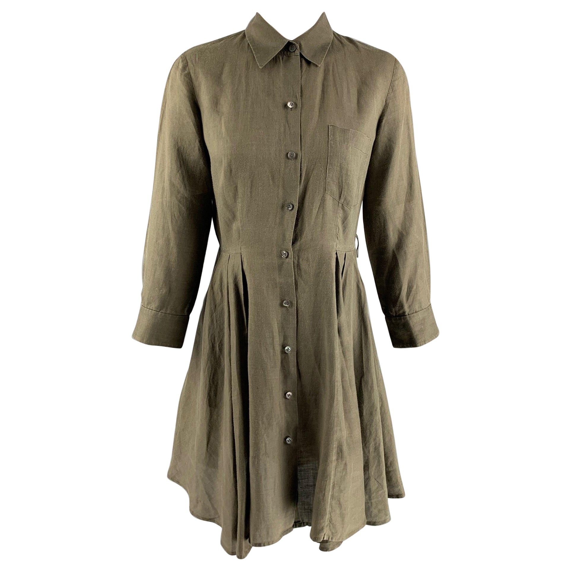 THEORY Size 2 Olive Ramie Solid Shirt dress For Sale