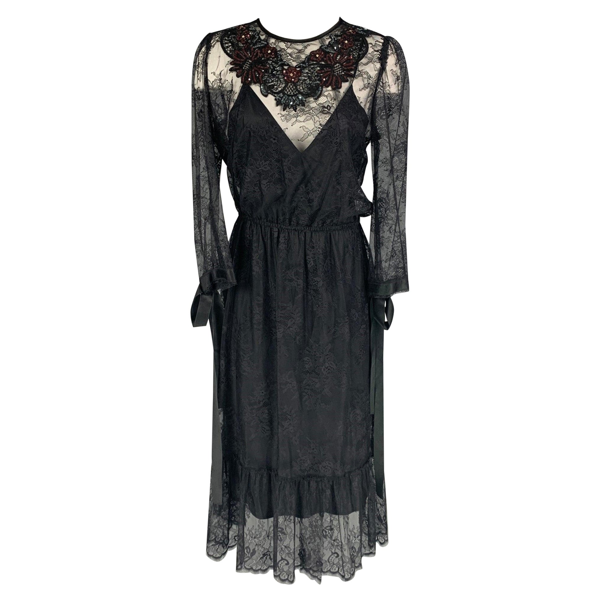 MARC JACOBS Size 4 Black Nylon Lace Sequined A-Line Dress For Sale