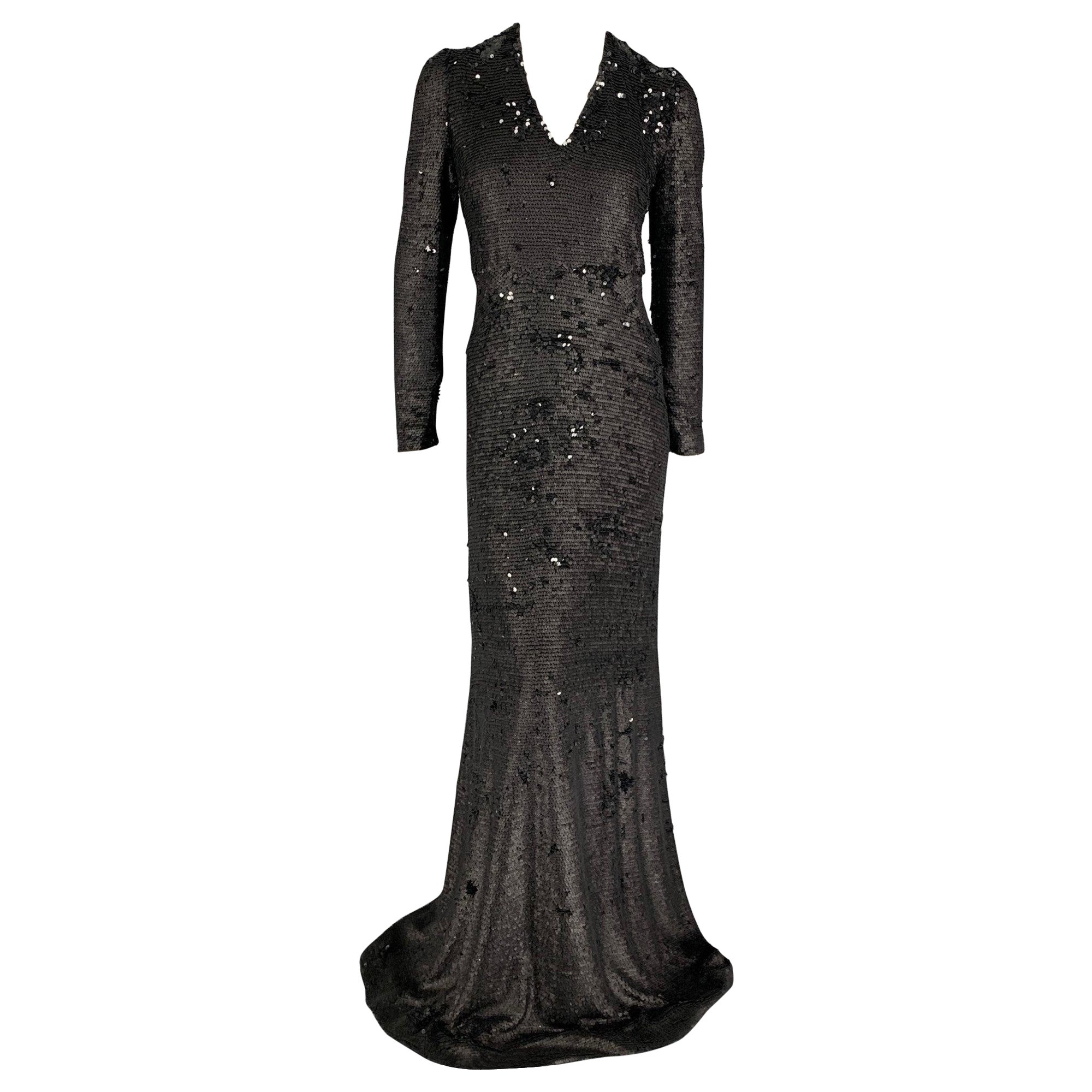 PORTS 1961 Size 6 Black Polyester Blend Sequined Column Gown Dress For Sale