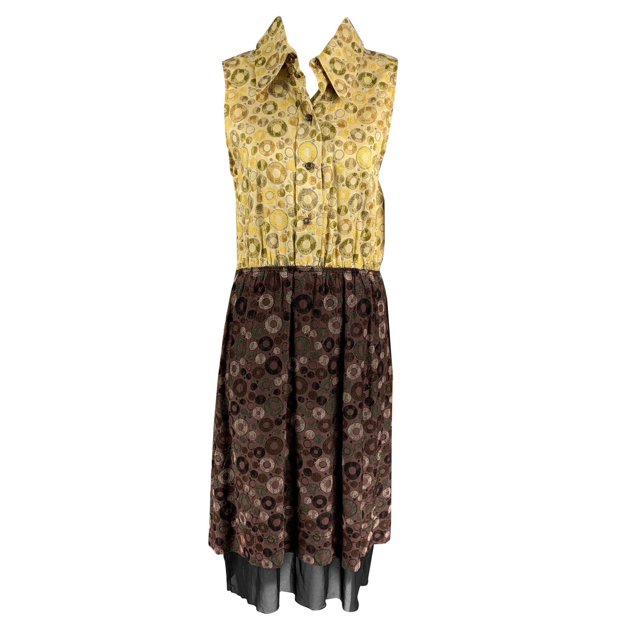 MARC JACOBS Size 4 Yellow Brown Rayon Silk Embroidered Sleeveless Dress For Sale