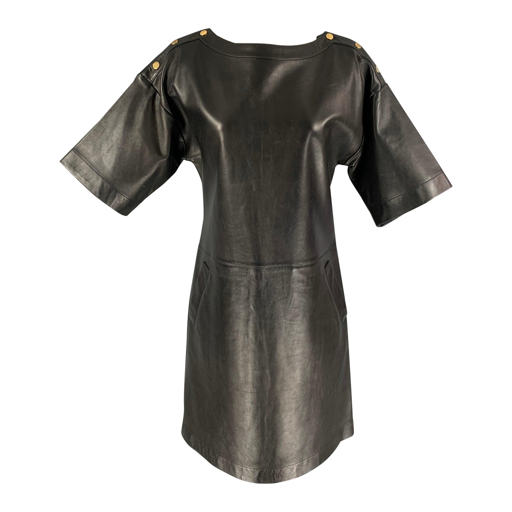 MICHAEL KORS Size 4 Black Leather Short Sleeve Below Knee Dress For Sale