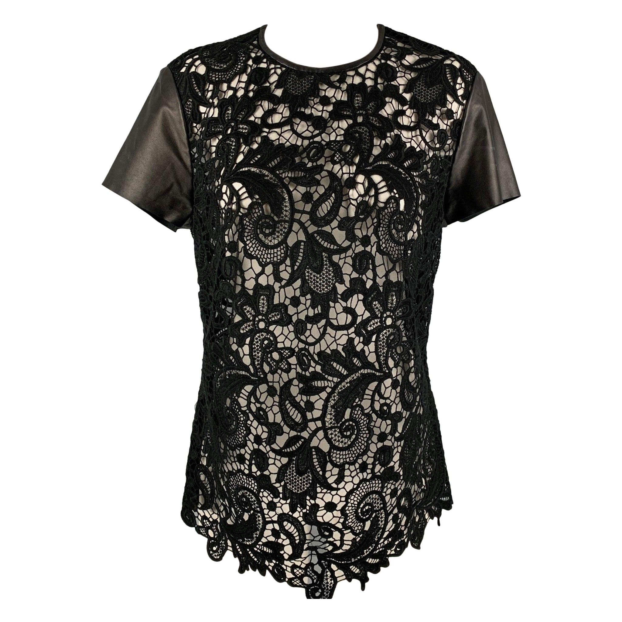 RALPH LAUREN Size 10 Black Guipure  Cotton Leather Trim Short Sleeve Dress Top For Sale