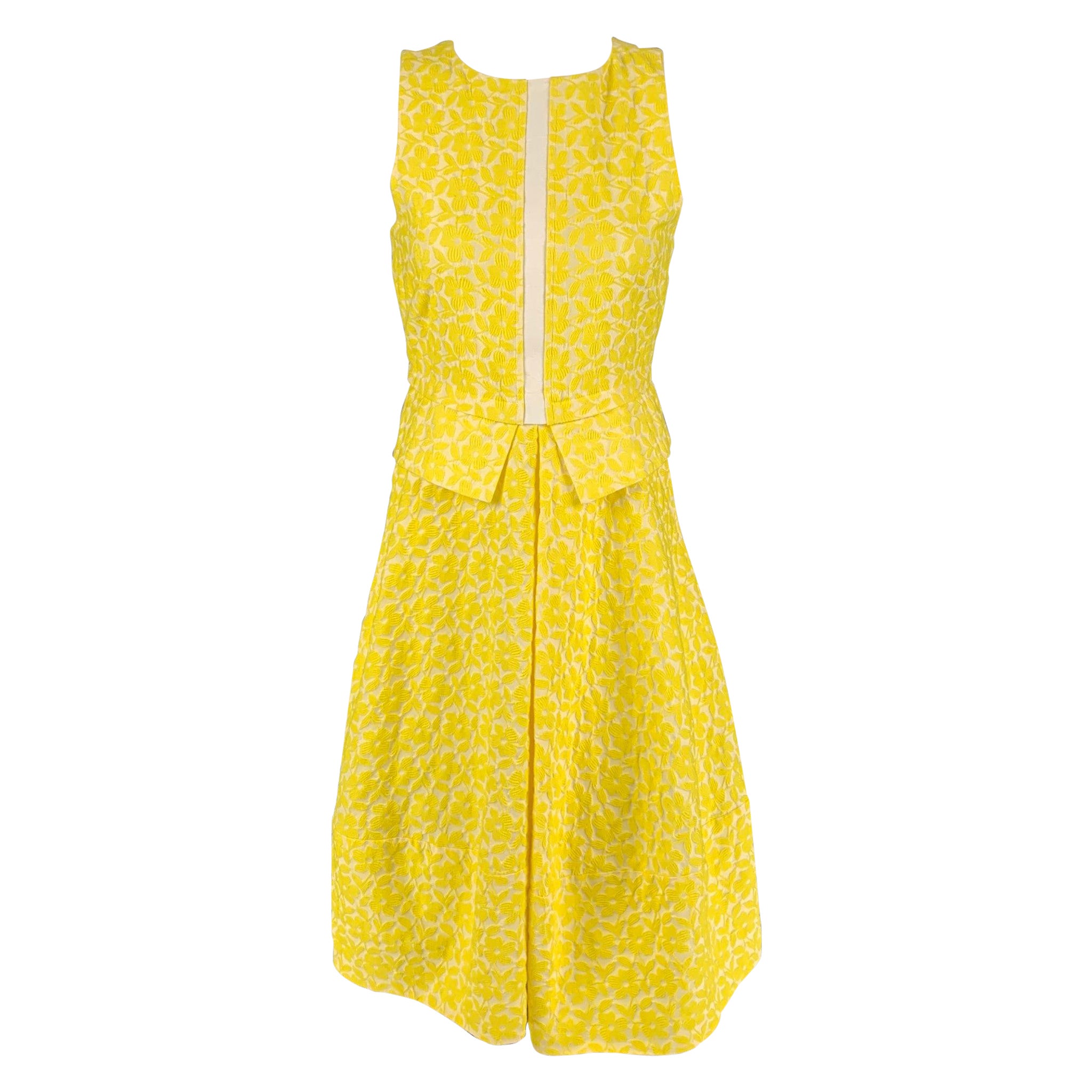 JIL SANDER Größe 2 Gelb Weiß Jacquard Baumwollmischung A-Linien Kleid im Angebot
