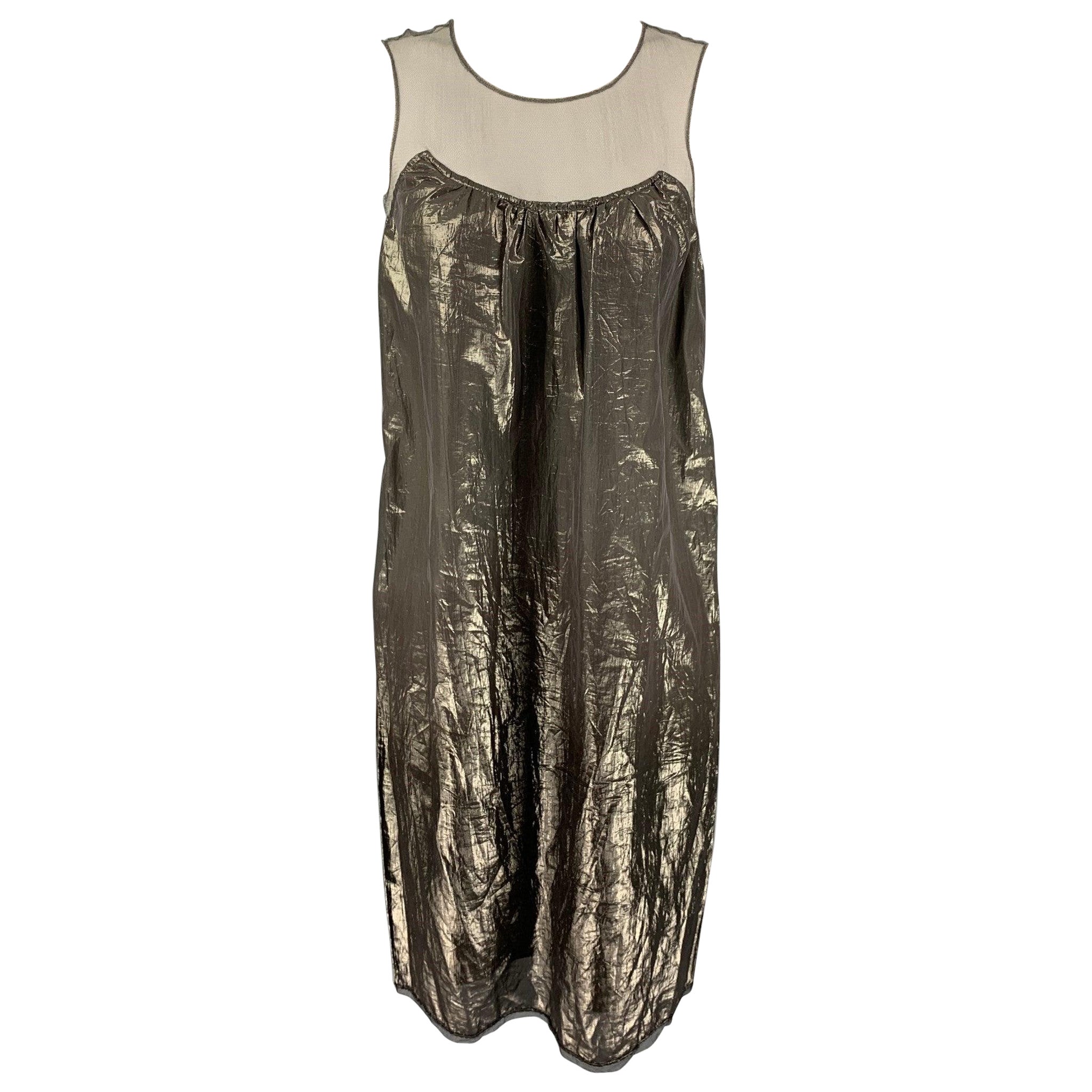 Burberry Prorsum Taille 4 Gunmetal Silk Blend Metallic Shift Dress en vente