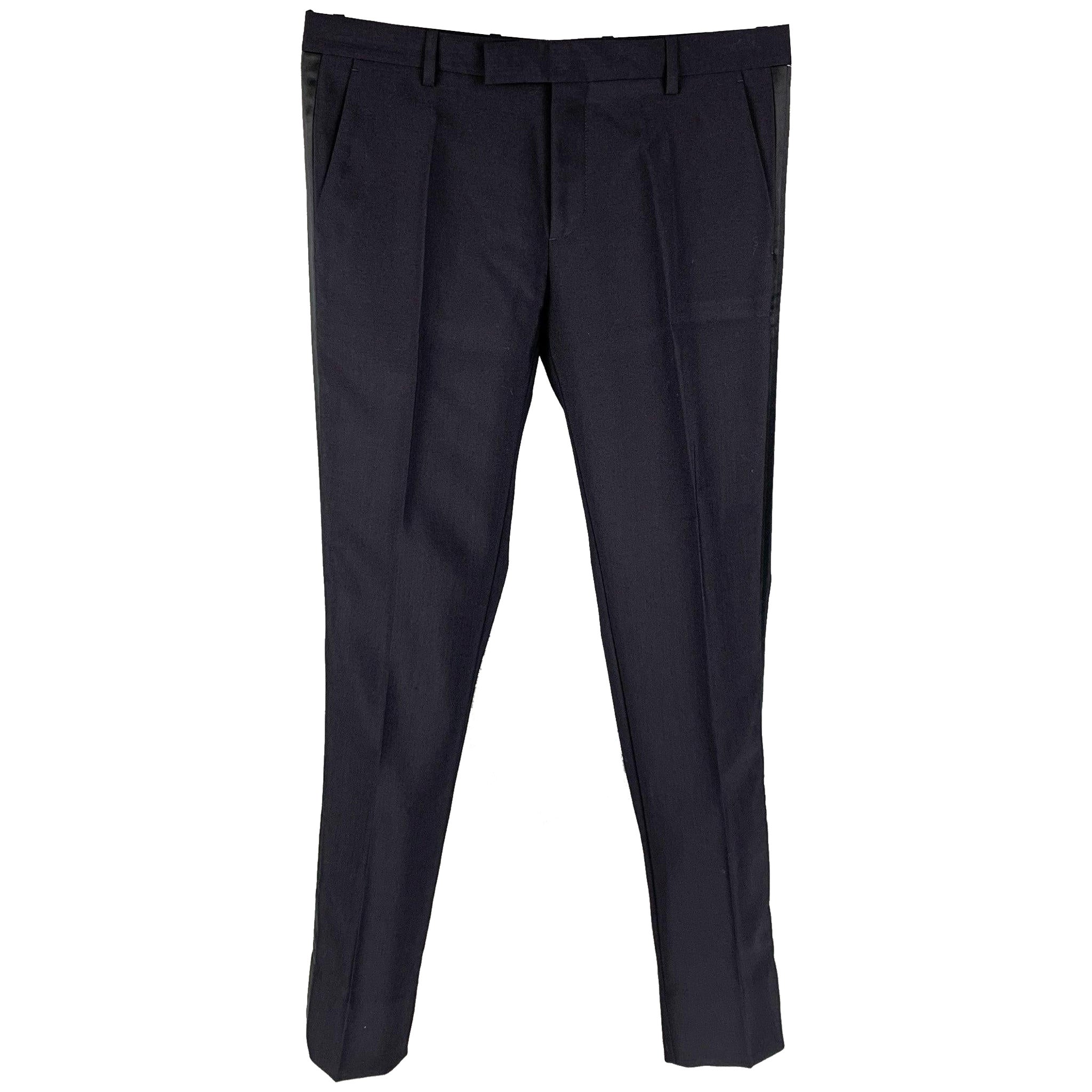 VIKTOR & ROLF Size 34 Navy & Black Mohair Tuxedo Dress Pants For Sale