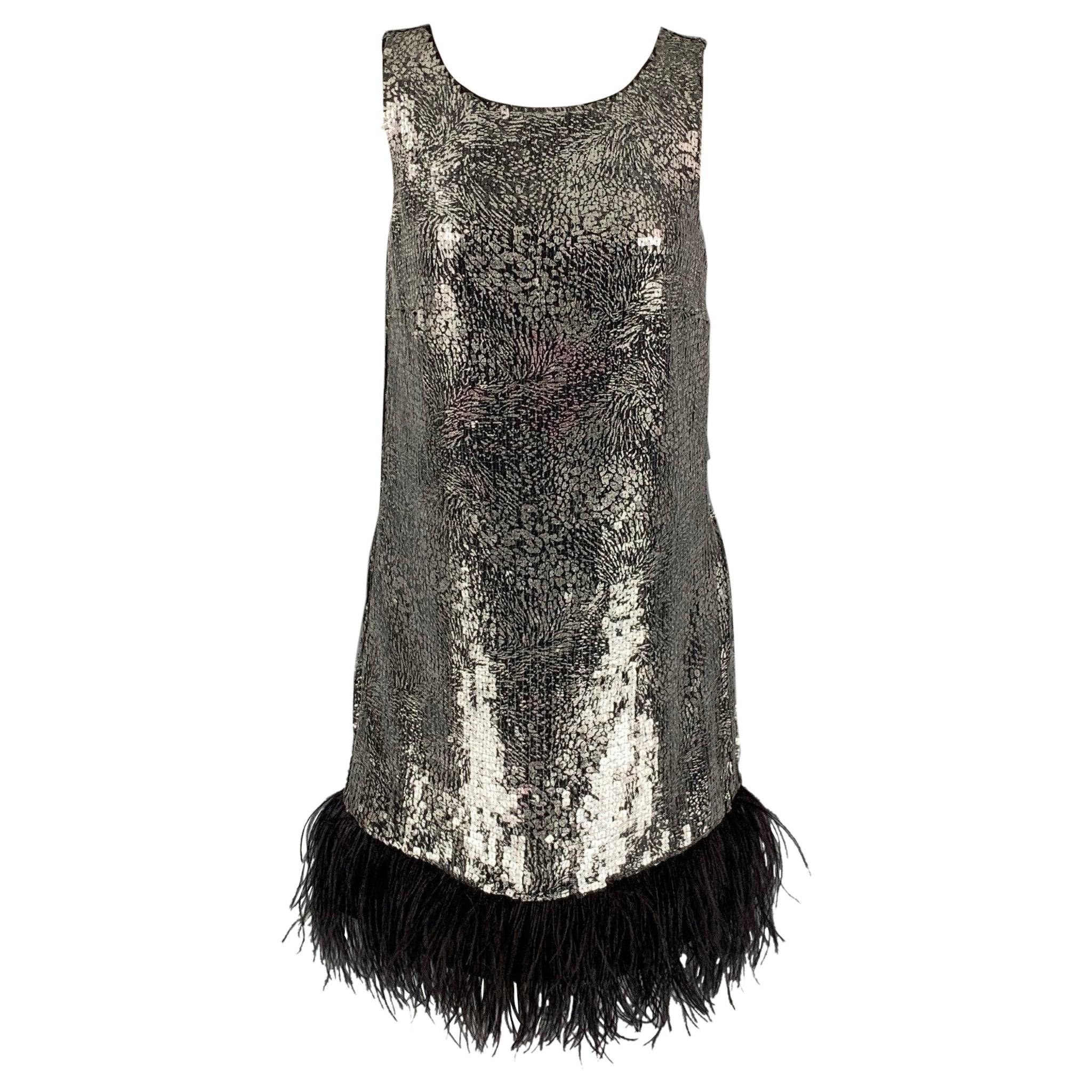 BADGLEY MISCHKA COLLECTION Size S Black Polyester Sequined Ostrich Feather Dress For Sale