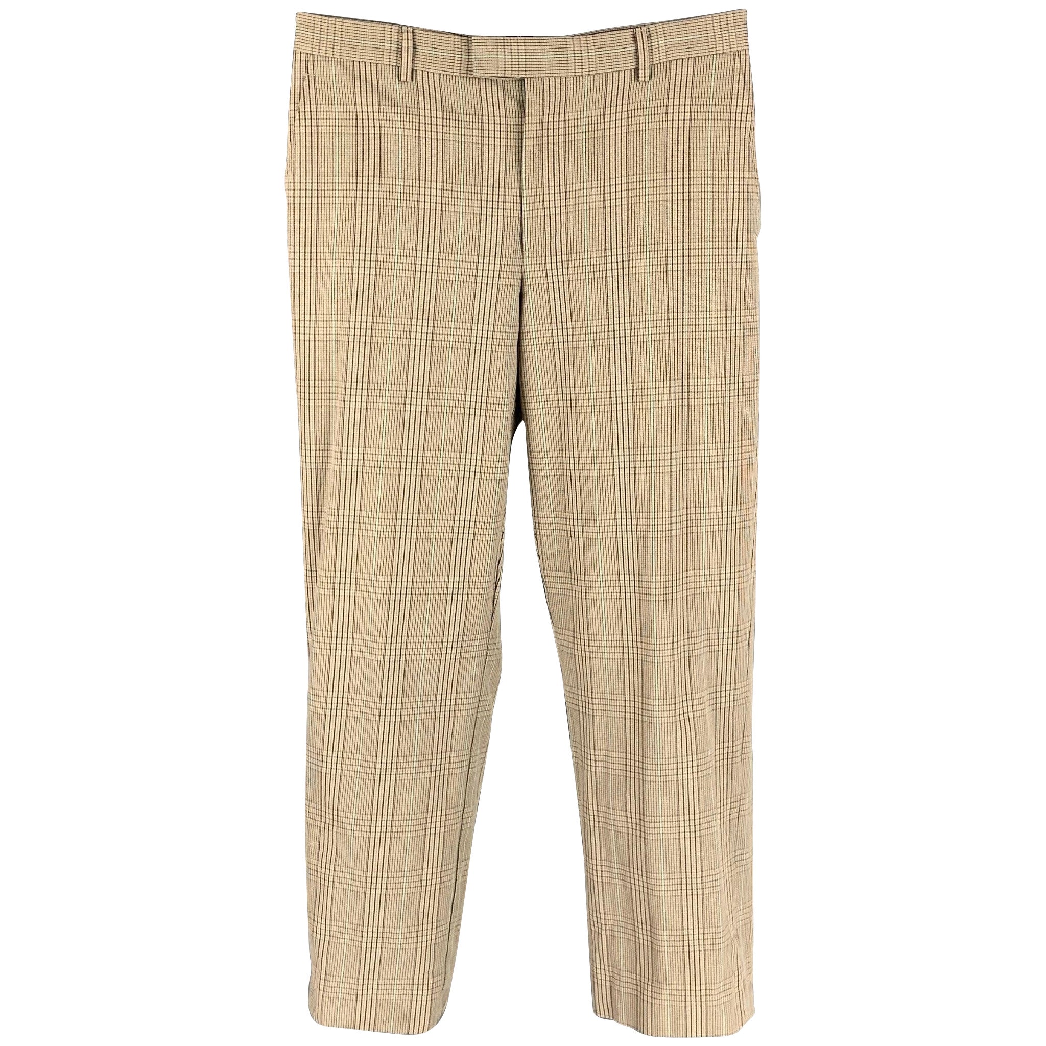 PAUL SMITH Size 36 Taupe & Brown Plaid Cotton Flat Front Dress Pants For Sale