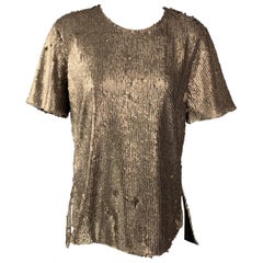 PRABAL GURUNG Größe 6 Gold Polyester Paillettenbesetztes Kurzarm-Kleid Top