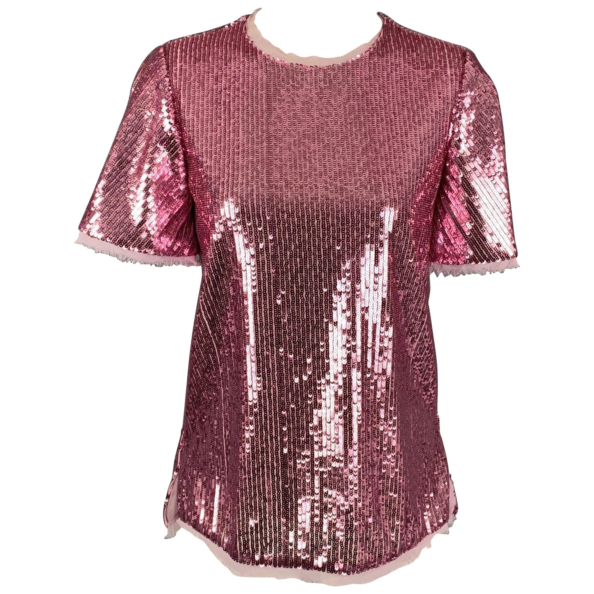 PRABAL GURUNG Size 0 Pink Polyester Sequined Short Sleeve Dress Top For Sale