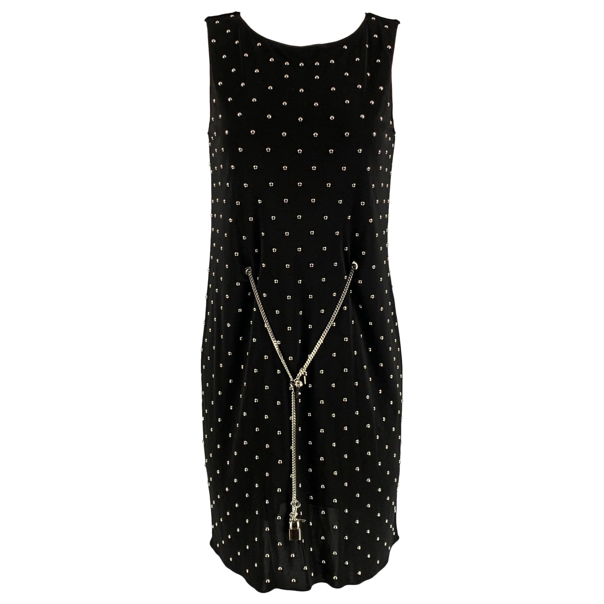 MOSCHINO Size 6 Black Silver Polyester Studded Shift Below Knee Dress For Sale