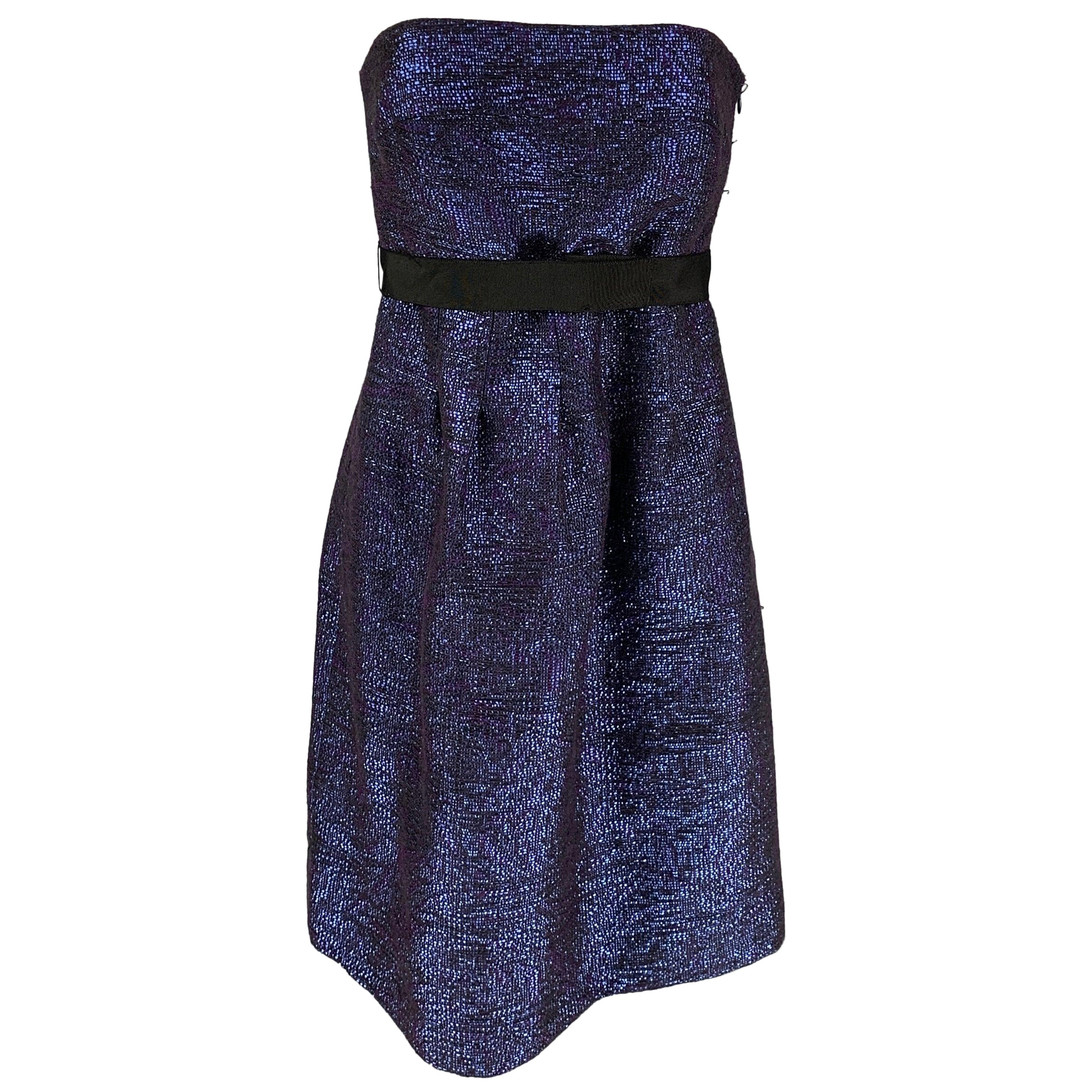 LELA ROSE Size 6 Blue & Black Acrylic Blend Woven Strapless Dress For Sale