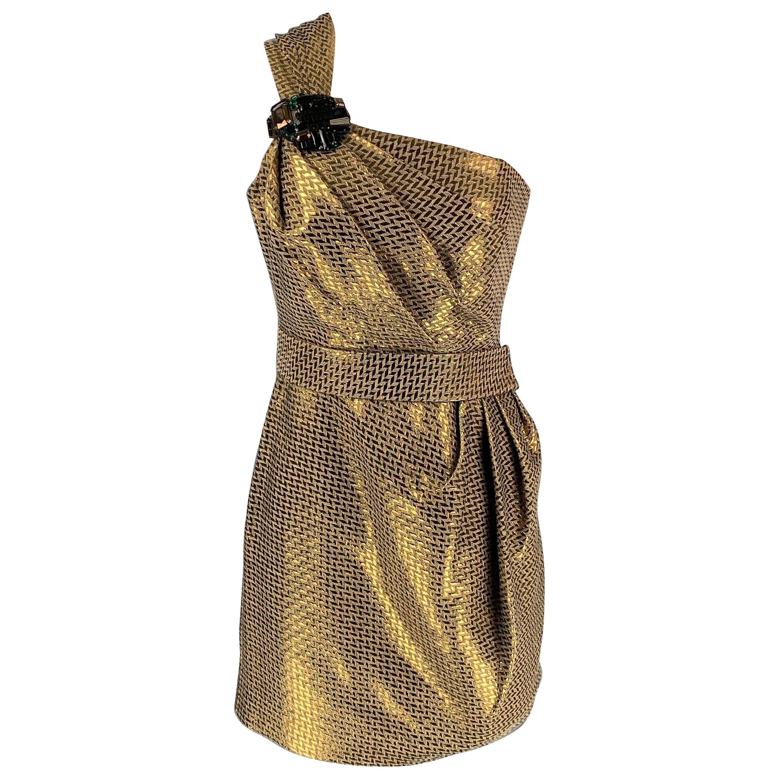 MATTHEW WILLIAMSON Size 4 Gold Cotton Blend Metallic One Shoulder Dress For Sale