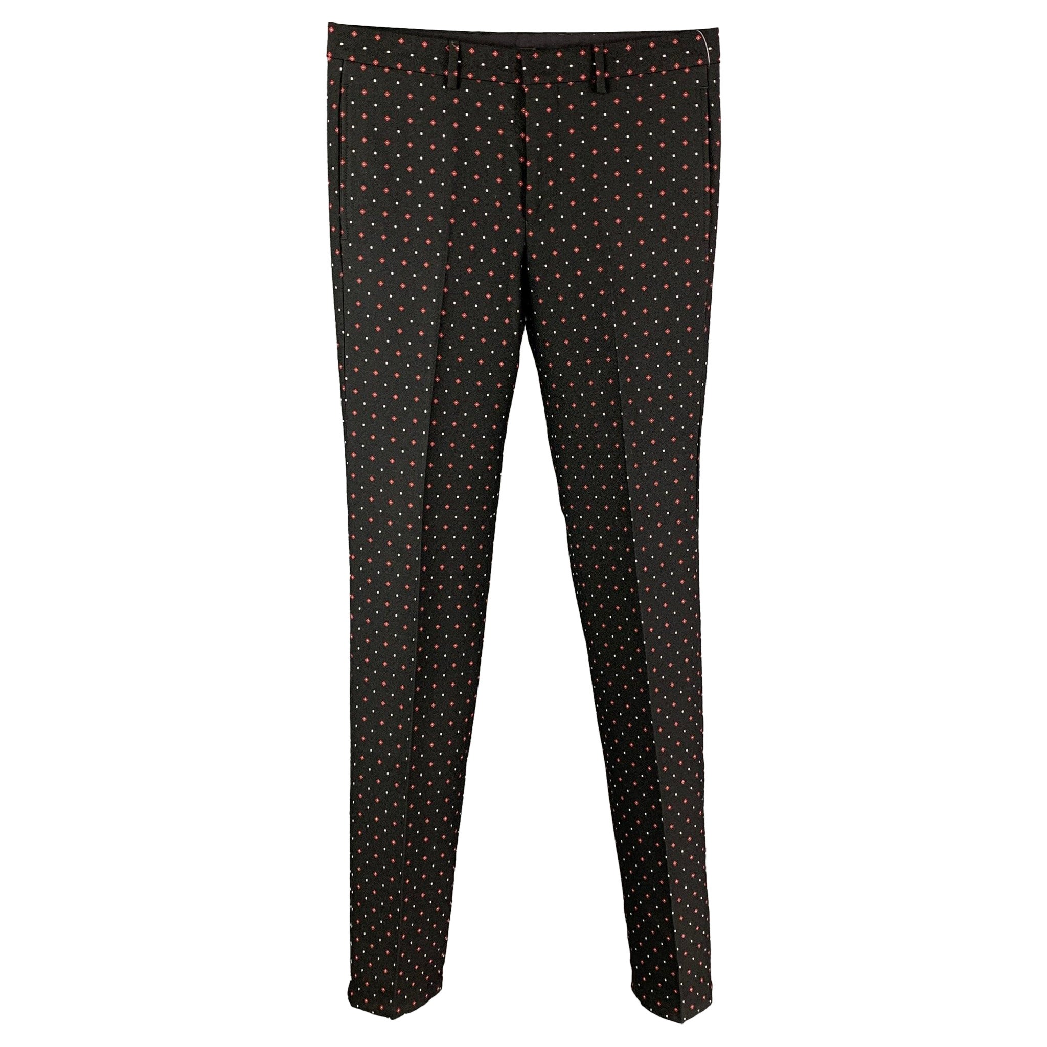GIVENCHY Size 32 Black & Red Rhombus Print Wool / Polyester Zip Fly Dress Pants For Sale