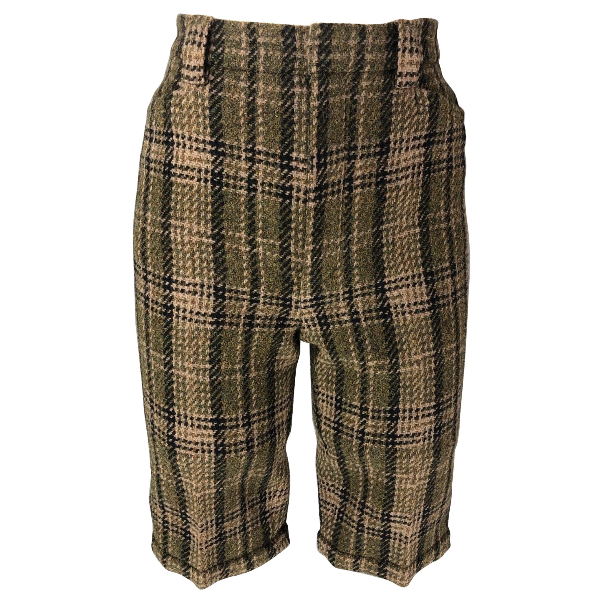 SAINT LAURENT Size 0 Olive Wool Plaid Bermuda Dress Pants For Sale