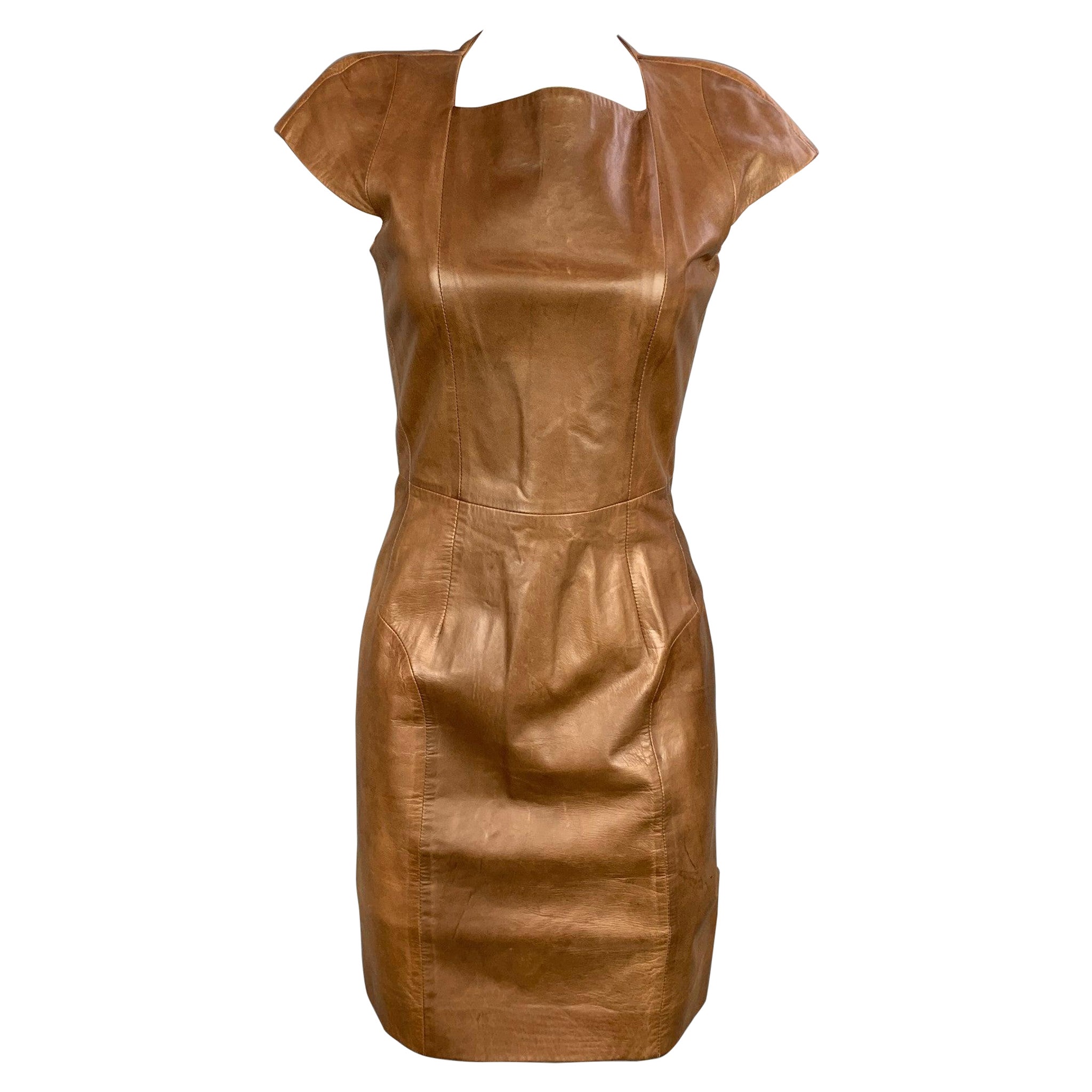 YVES SAINT LAURENT Size 6 Tan Leather Cap Sleeves Shift Dress For Sale