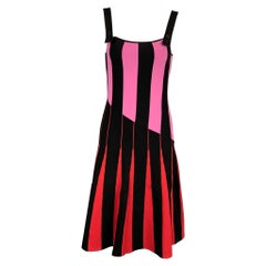 TOMAS MAIER Größe 2 Schwarz & Rot Viskose / Polyester Streifen Mid-Calf A-Linien-Kleid mit Streifen