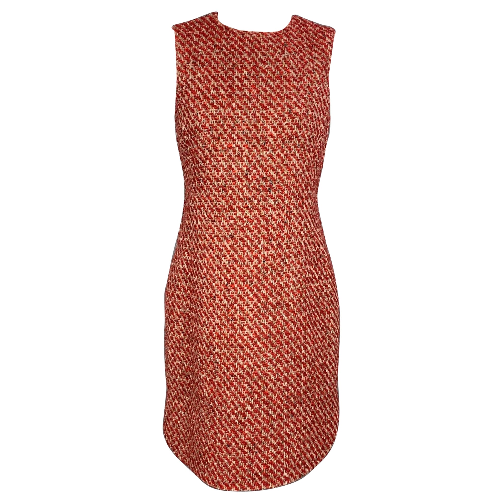 LORO PIANA Size 6 Red & Taupe Textured Boucle Cashmere Blend Shift Dress For Sale