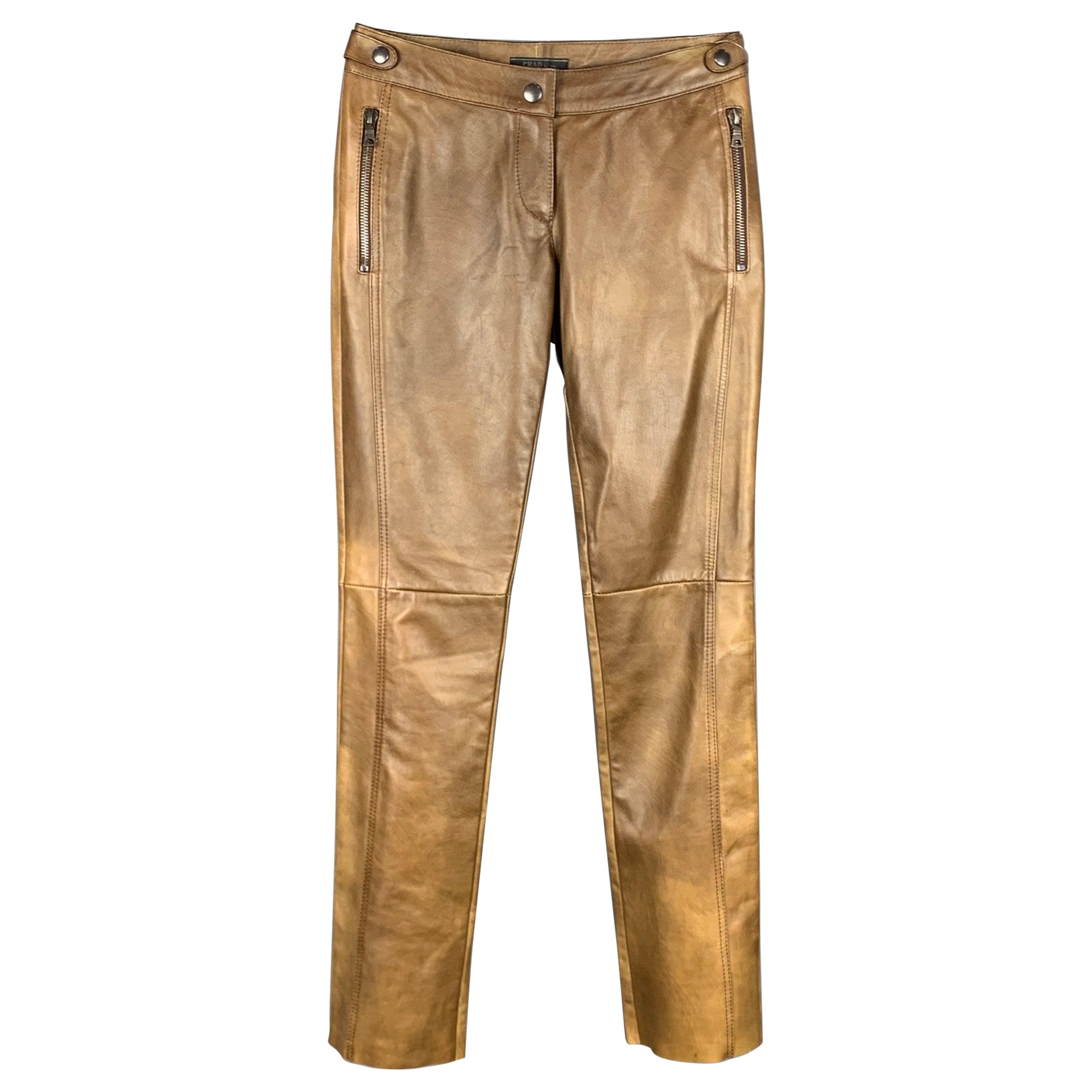 PRADA Size 2 Brown Burnished Leather Straight Leg Dress Pants For Sale