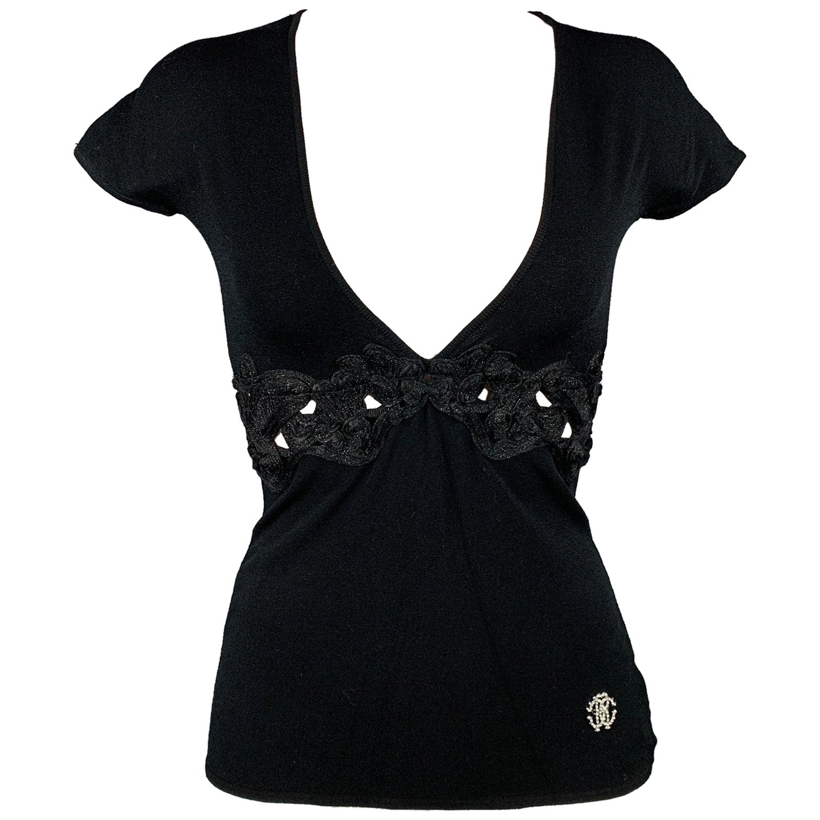 ROBERTO CAVALLI Size 4 Black Jersey Embellishment Viscose / Polyester Dress Top For Sale