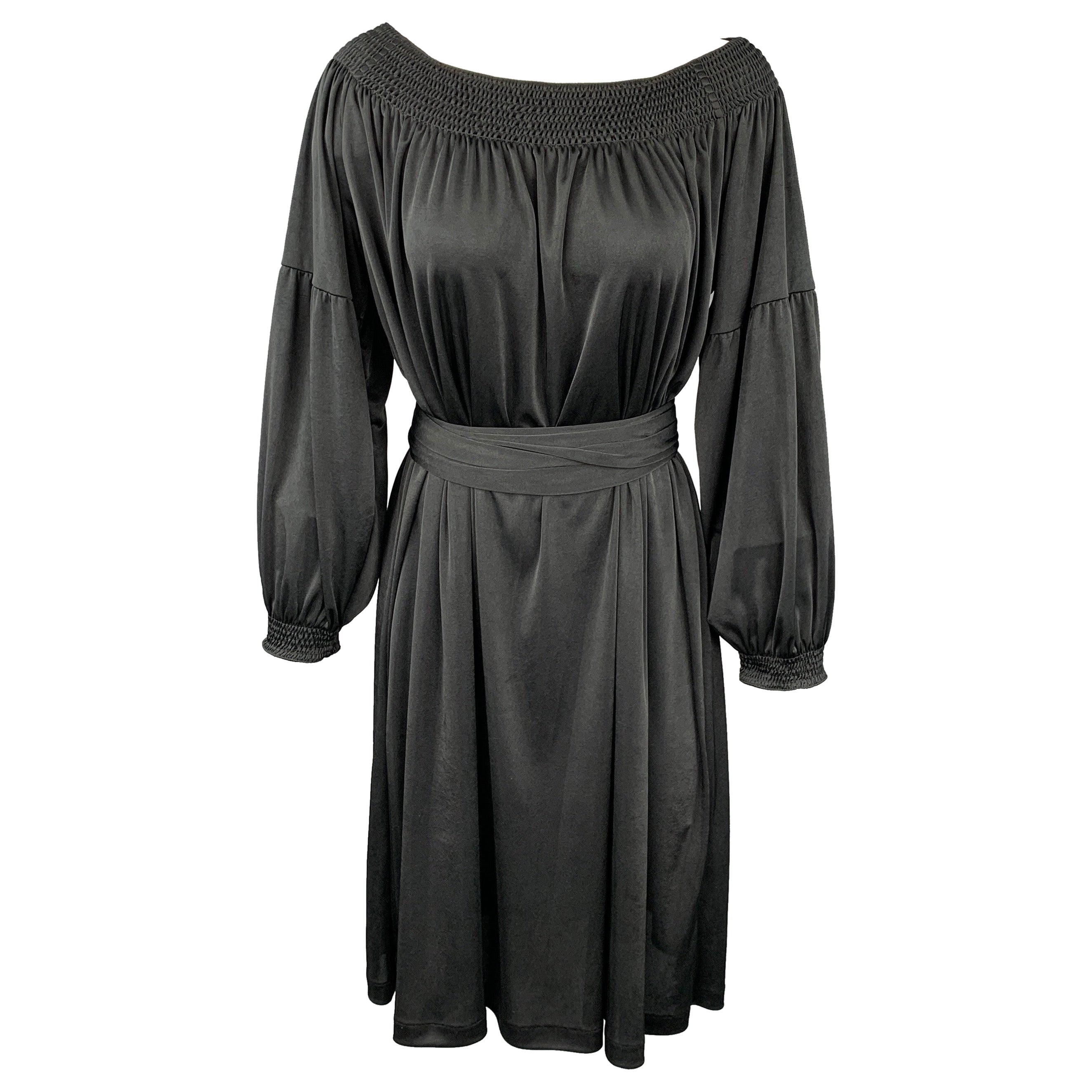 PRADA Size S Black Jersey Polyester Bohemian Belted Dress For Sale