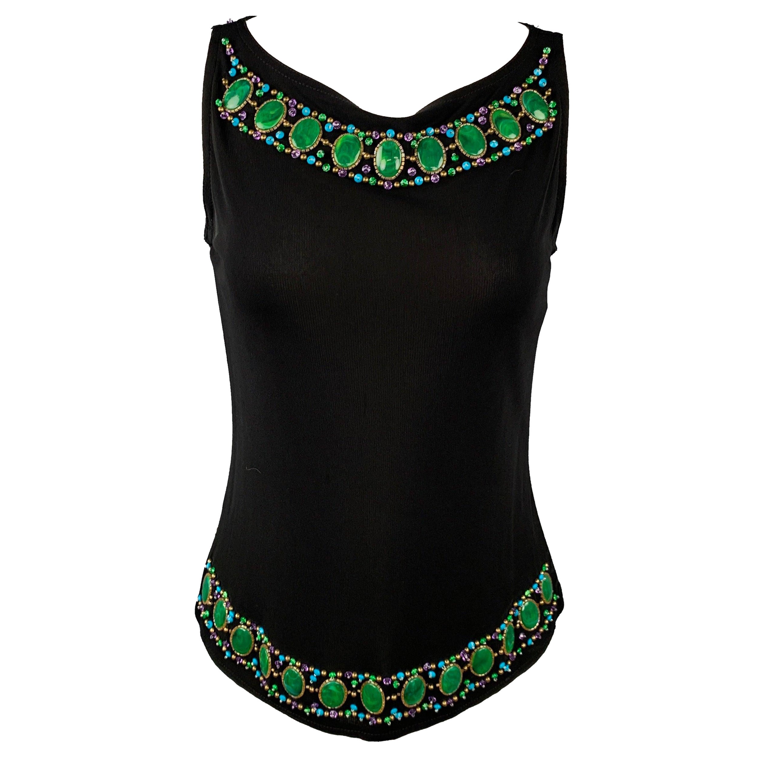 ANNA SUI Size 6 Black Beaded Rayon Tank Dress Top For Sale
