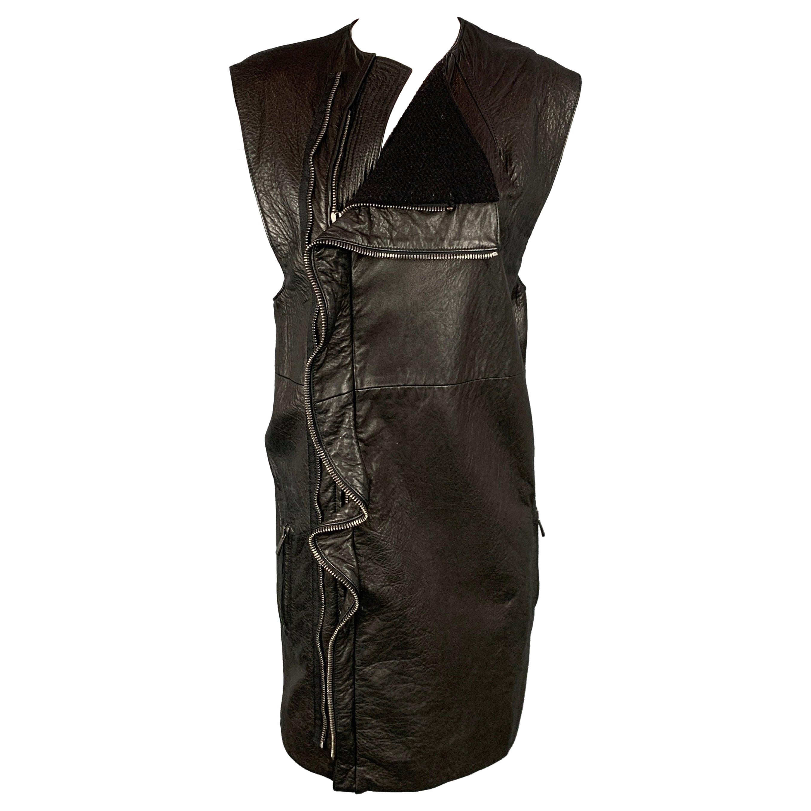HAIDER ACKERMANN Size S Black Leather Double Zipper Long Vest For Sale