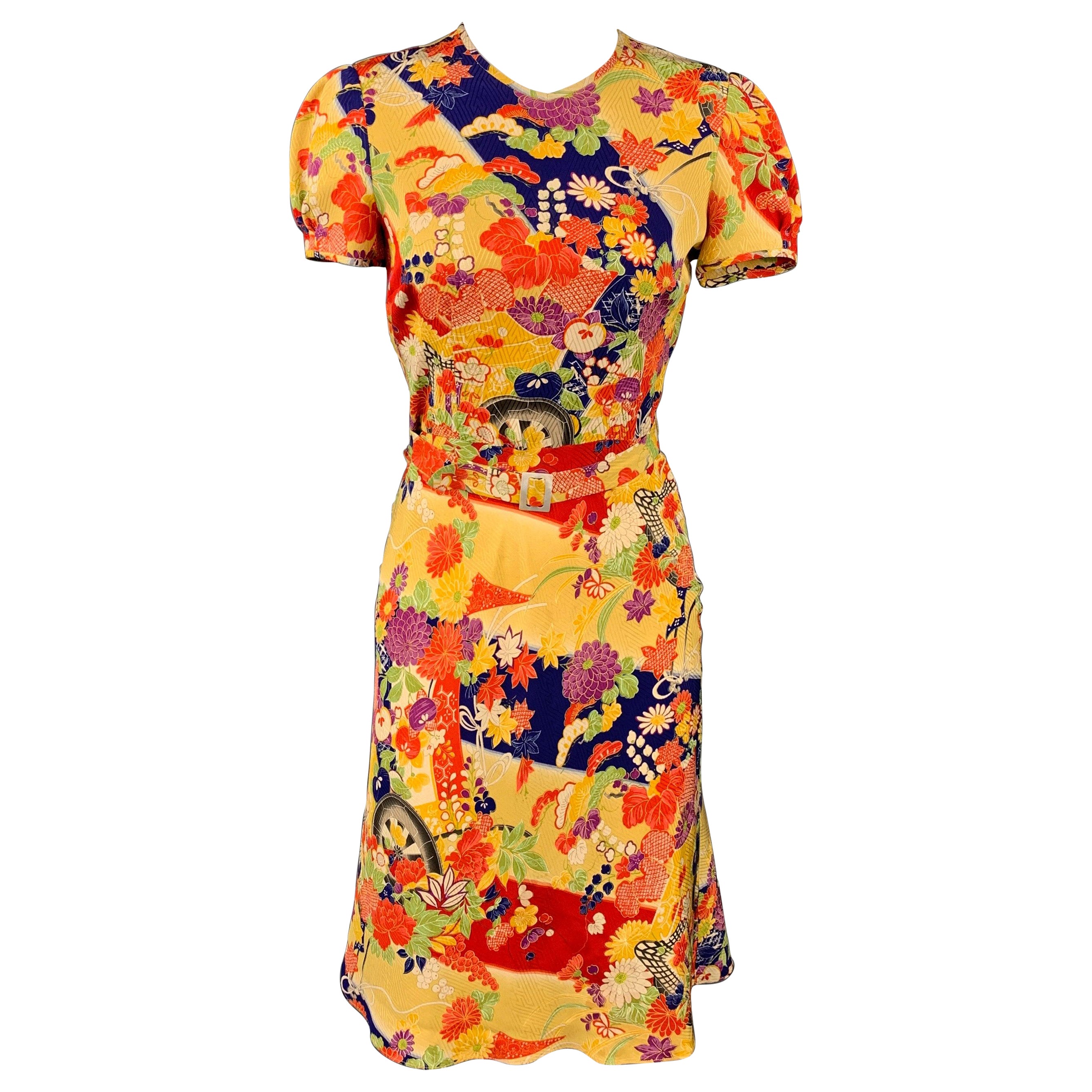 RALPH LAUREN Collection Size 2 Multi-Color Floral Silk Belted Dress For Sale