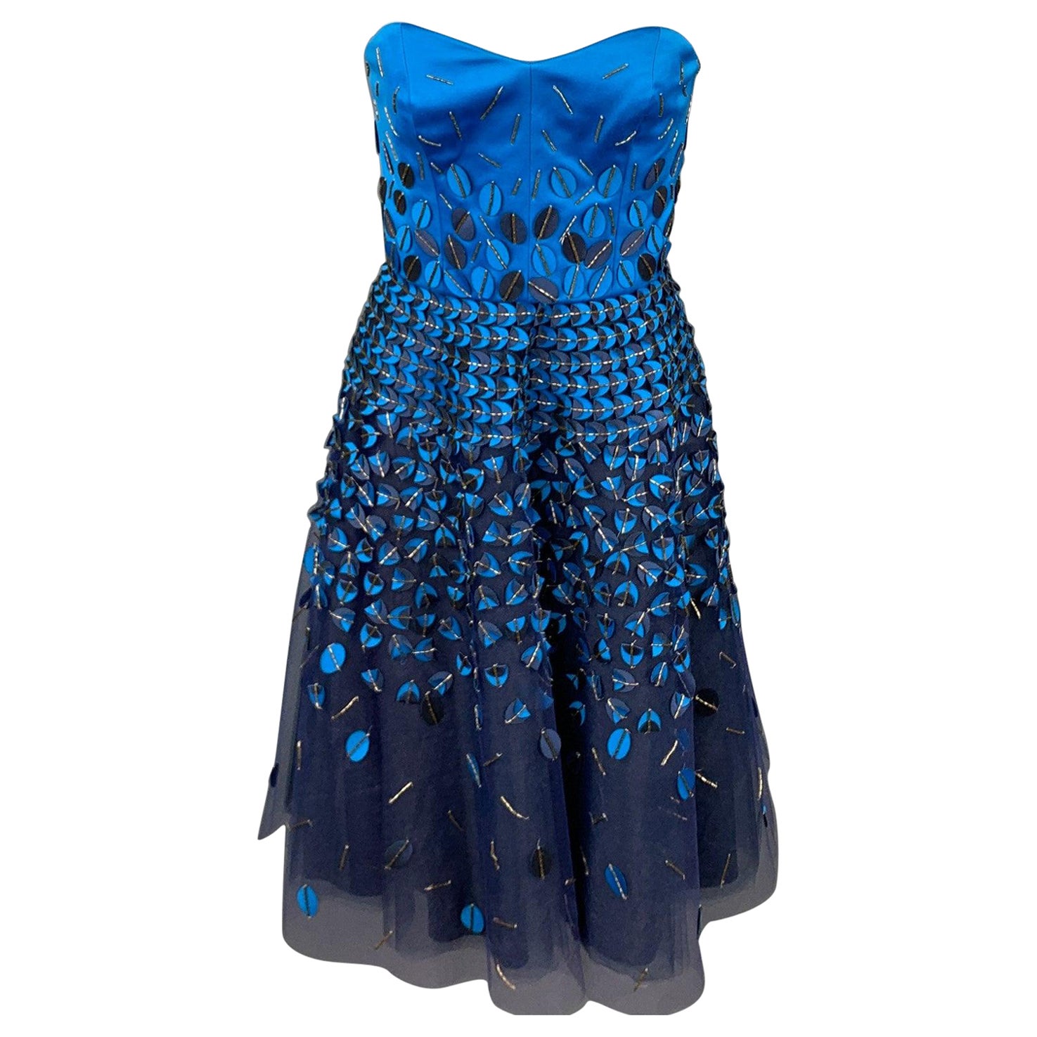 CAROLINA HERRERA Size 6 Blue & Navy Cotton / Polyester Strapless A-Line Dress For Sale