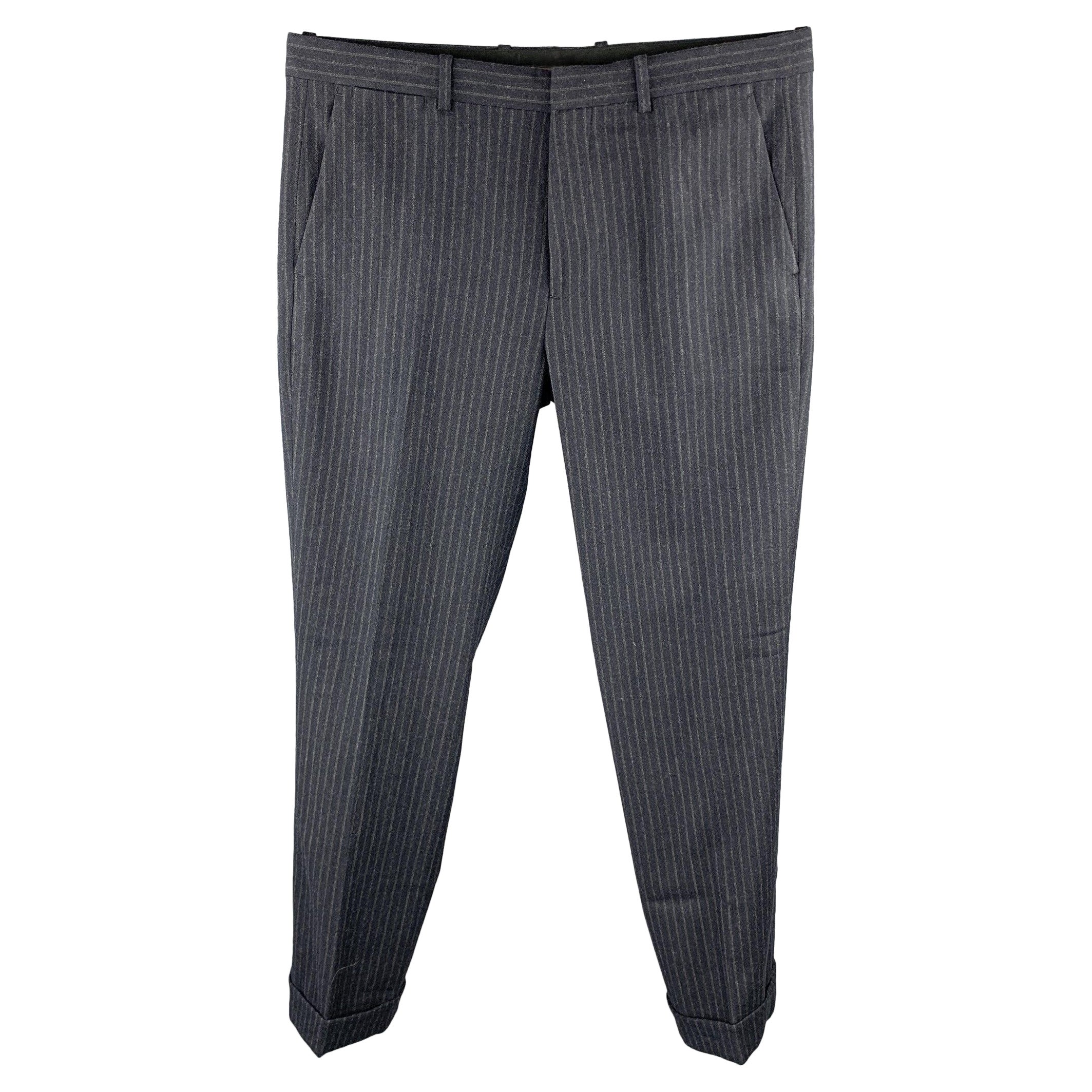 THEORY Size 34 Charcoal Stripe Wool Zip Fly Dress Pants For Sale