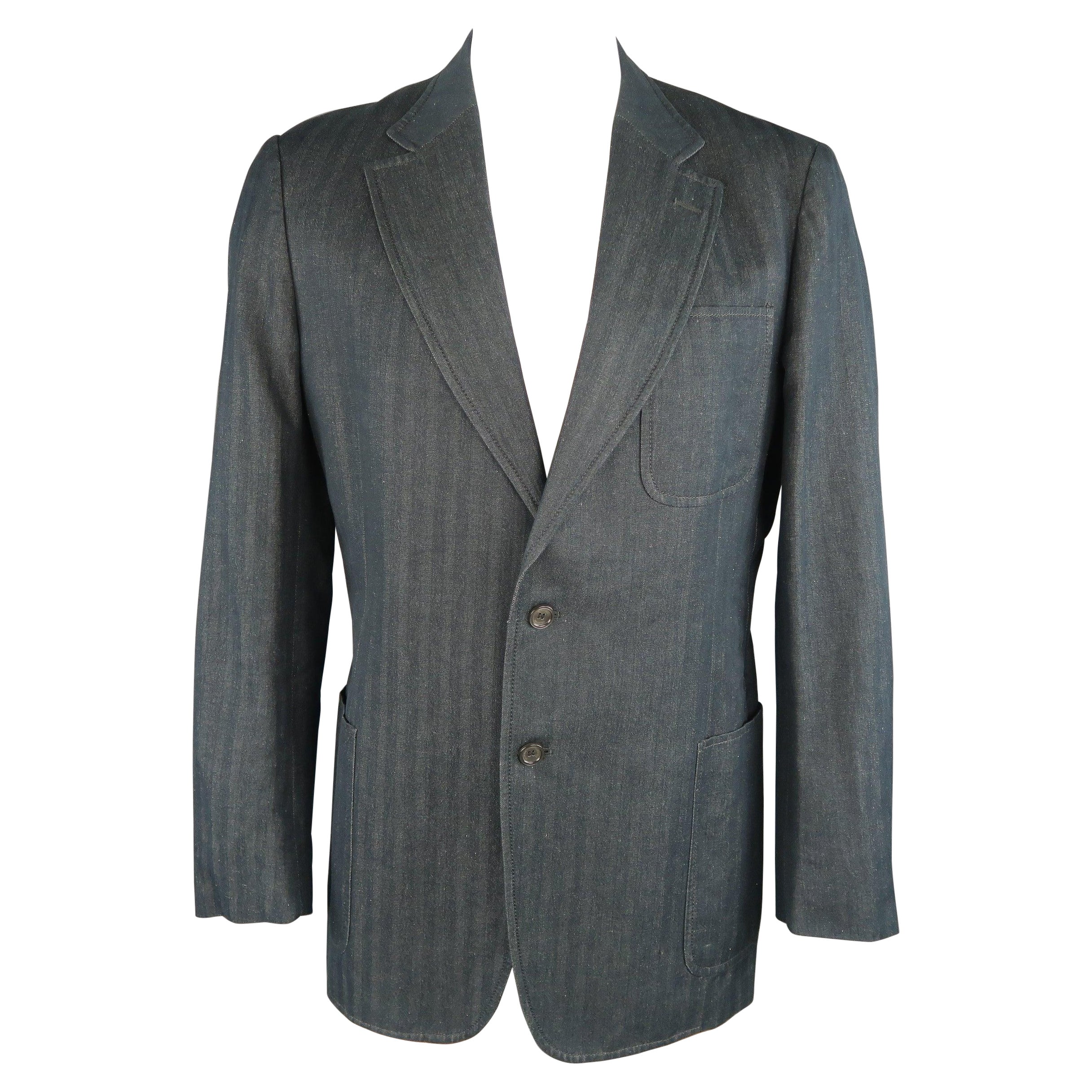VERSACE COLLECTION 46 Long Indigo Herringbone Cotton / Linen Sport Coat For Sale