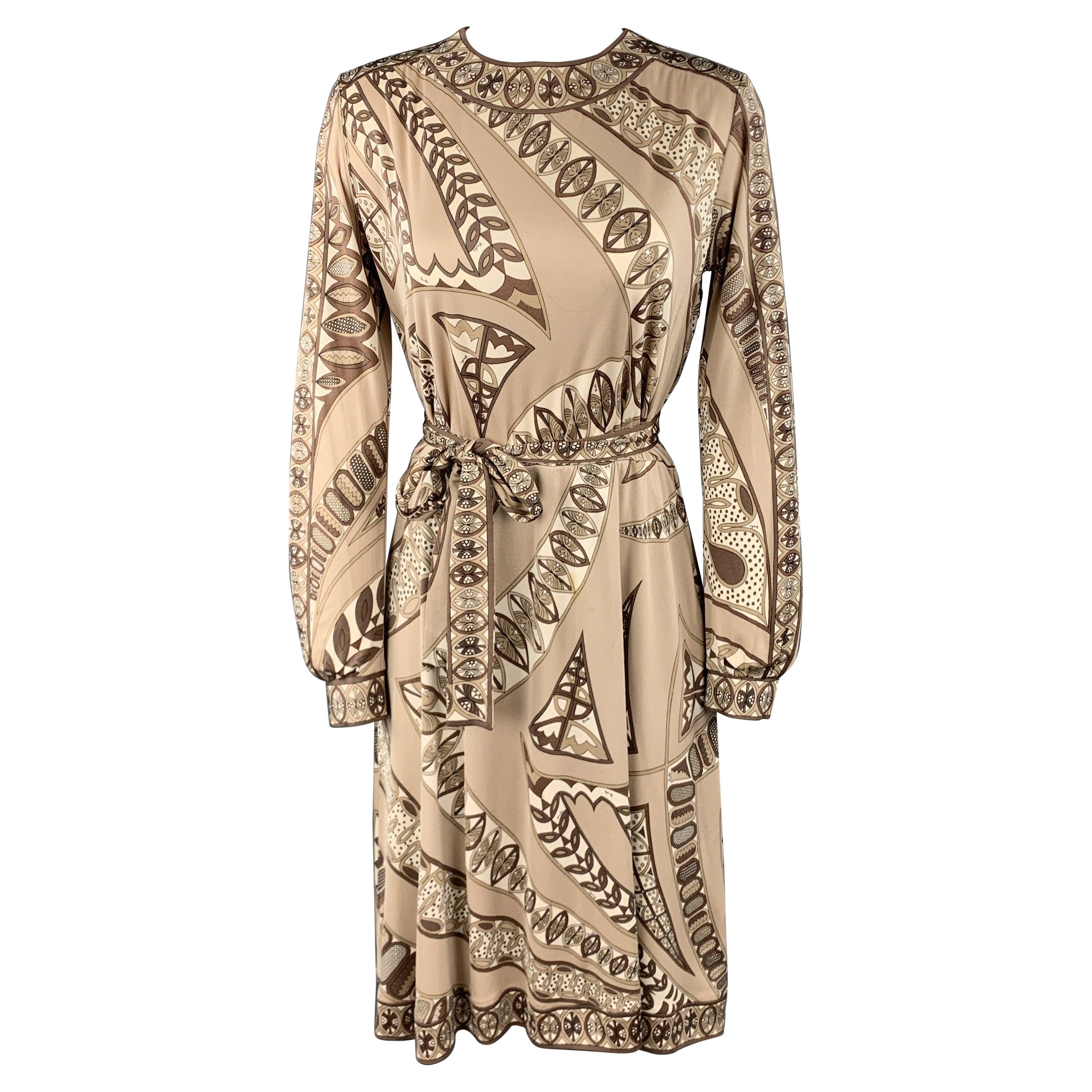 EMILIO PUCCI Vintage Size 8 Taupe Print Silk Long Sleeve Shift Dress For Sale