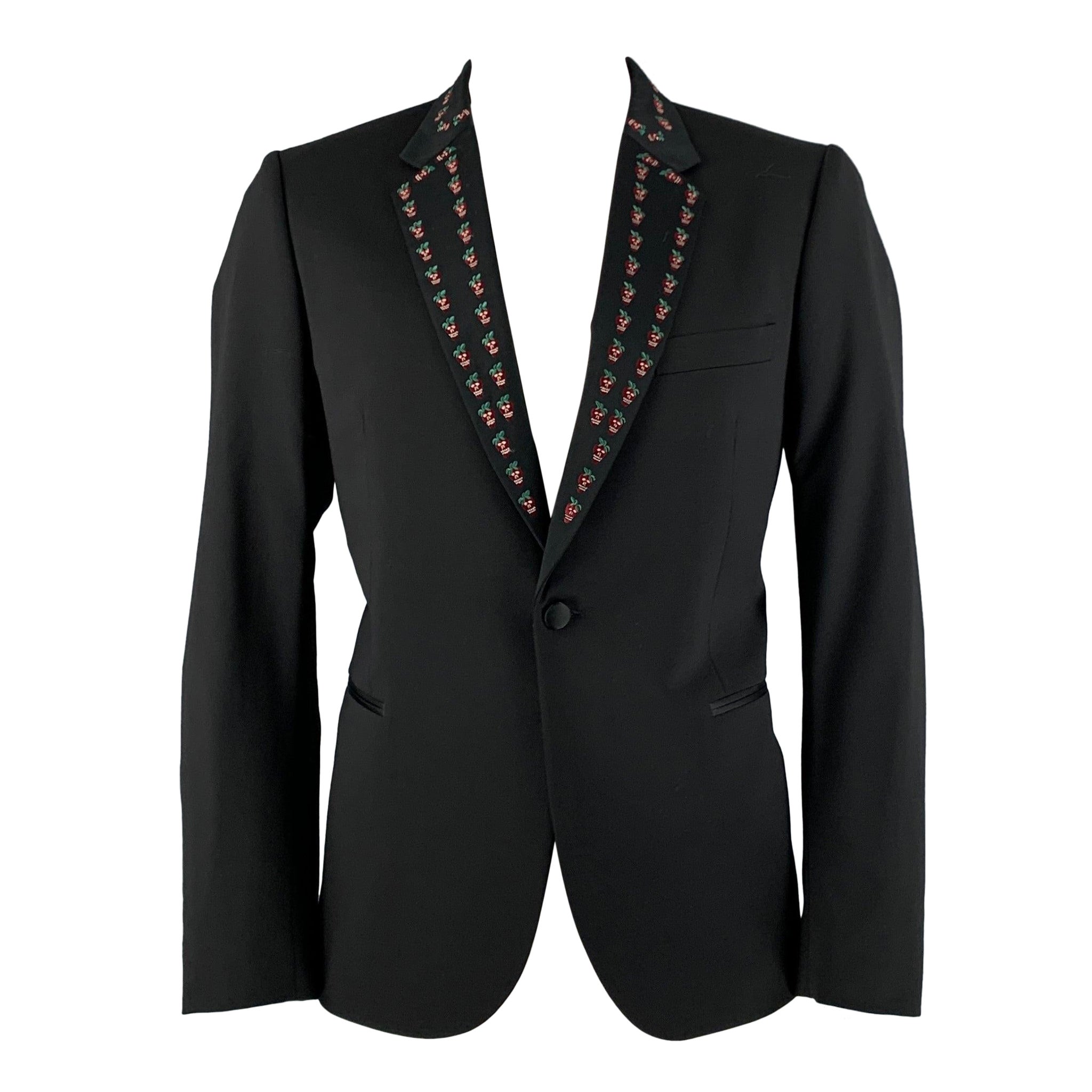 PAUL SMITH Size 44 Black Embroidery Wool Elastane Tuxedo Sport Coat For Sale