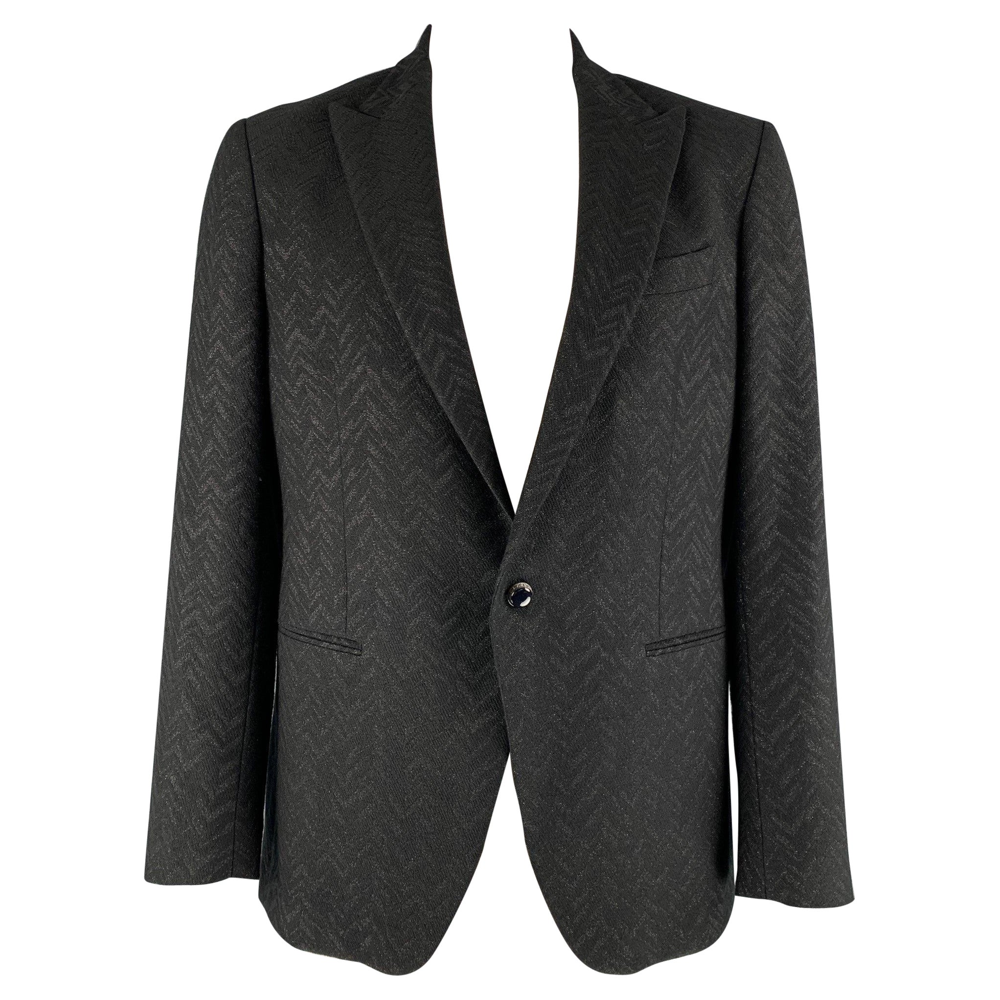ETRO  Size 44 Black Metallic Chevron Wool Blend Peak Lapel Sport Coat For Sale
