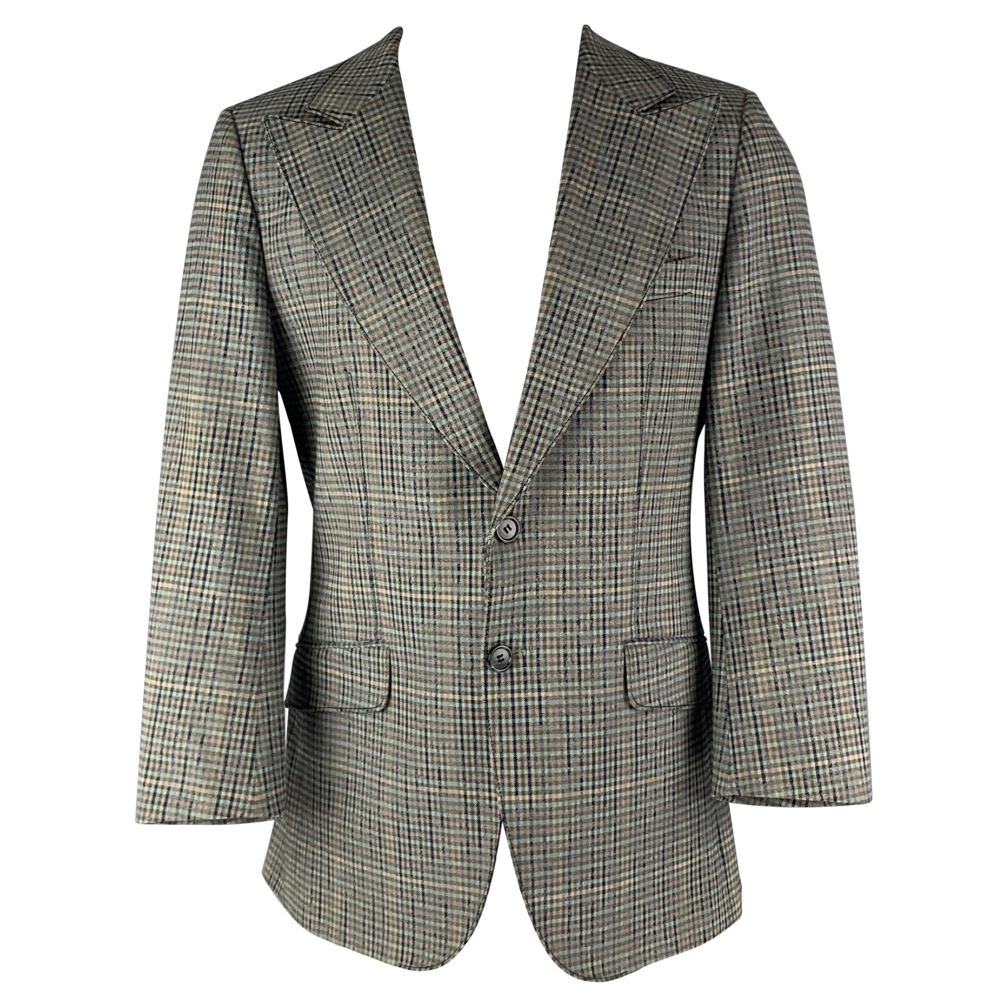 HUGO BOSS Chest Size 38 Grey Navy Plaid Cotton  Elastane Peak Lapel Sport Coat For Sale