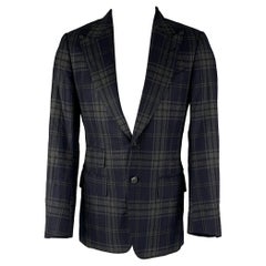 TOM FORD Chest Size 36 Navy Grey Plaid Wool Cashmere Peak Lapel Sport Coat