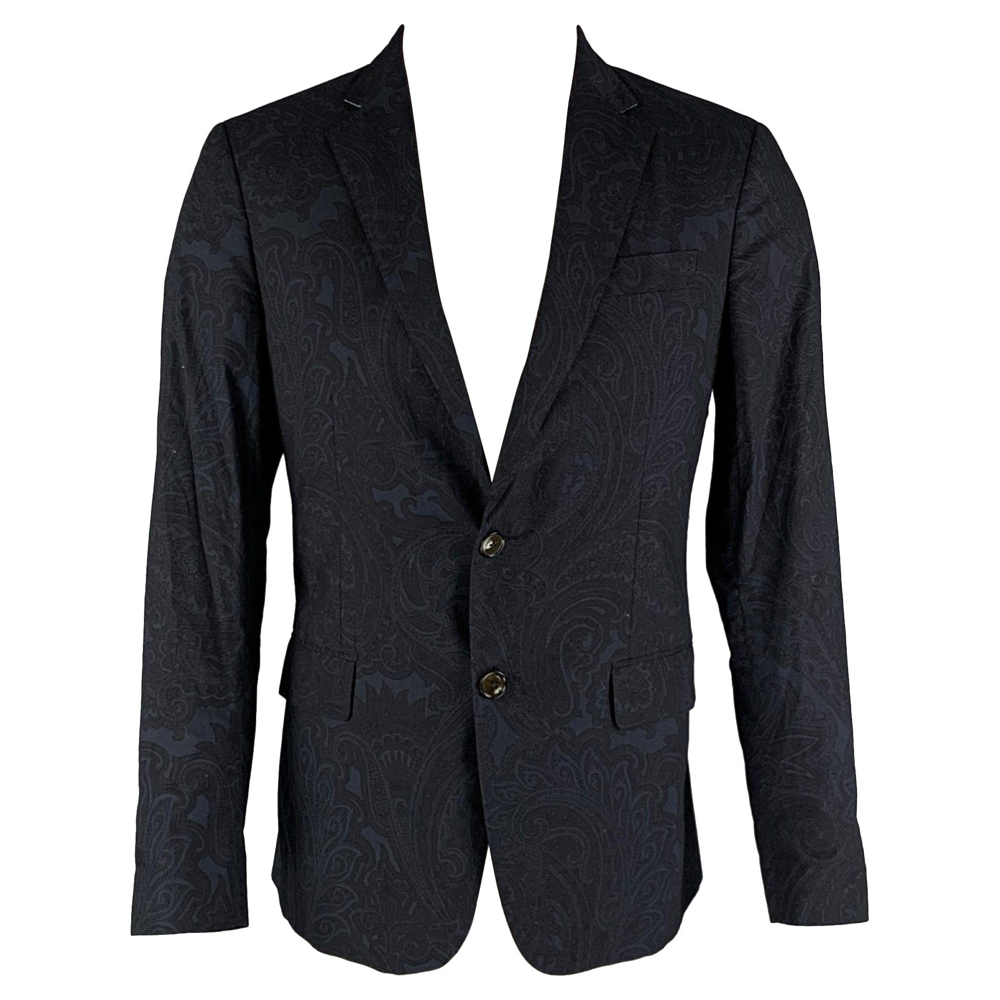 ETRO Size 38 Navy Paisley Cotton Notch Lapel Sport Coat For Sale