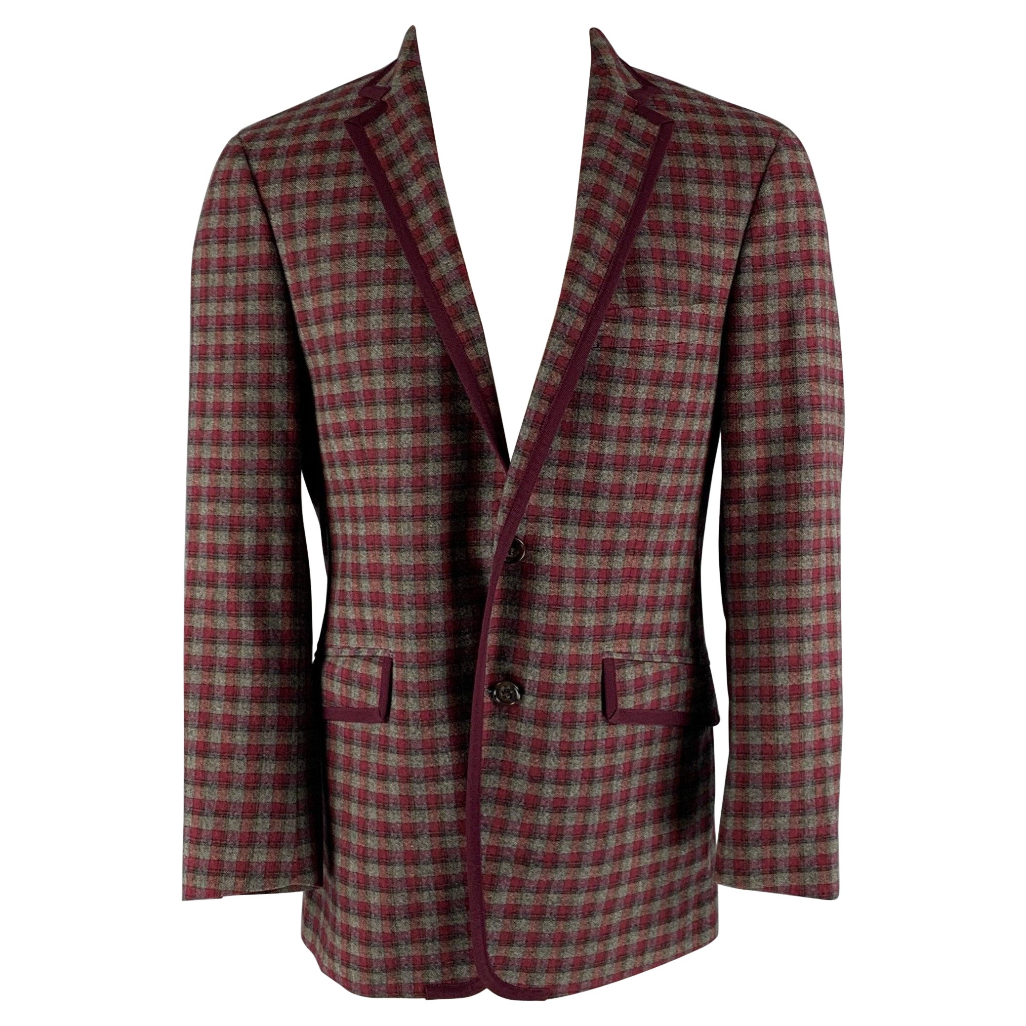 ETRO Size 40 Grey Burgundy Checkered Cotton Blend Notch Lapel Sport Coat For Sale