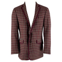 ETRO Size 40 Grey Burgundy Checkered Cotton Blend Notch Lapel Sport Coat