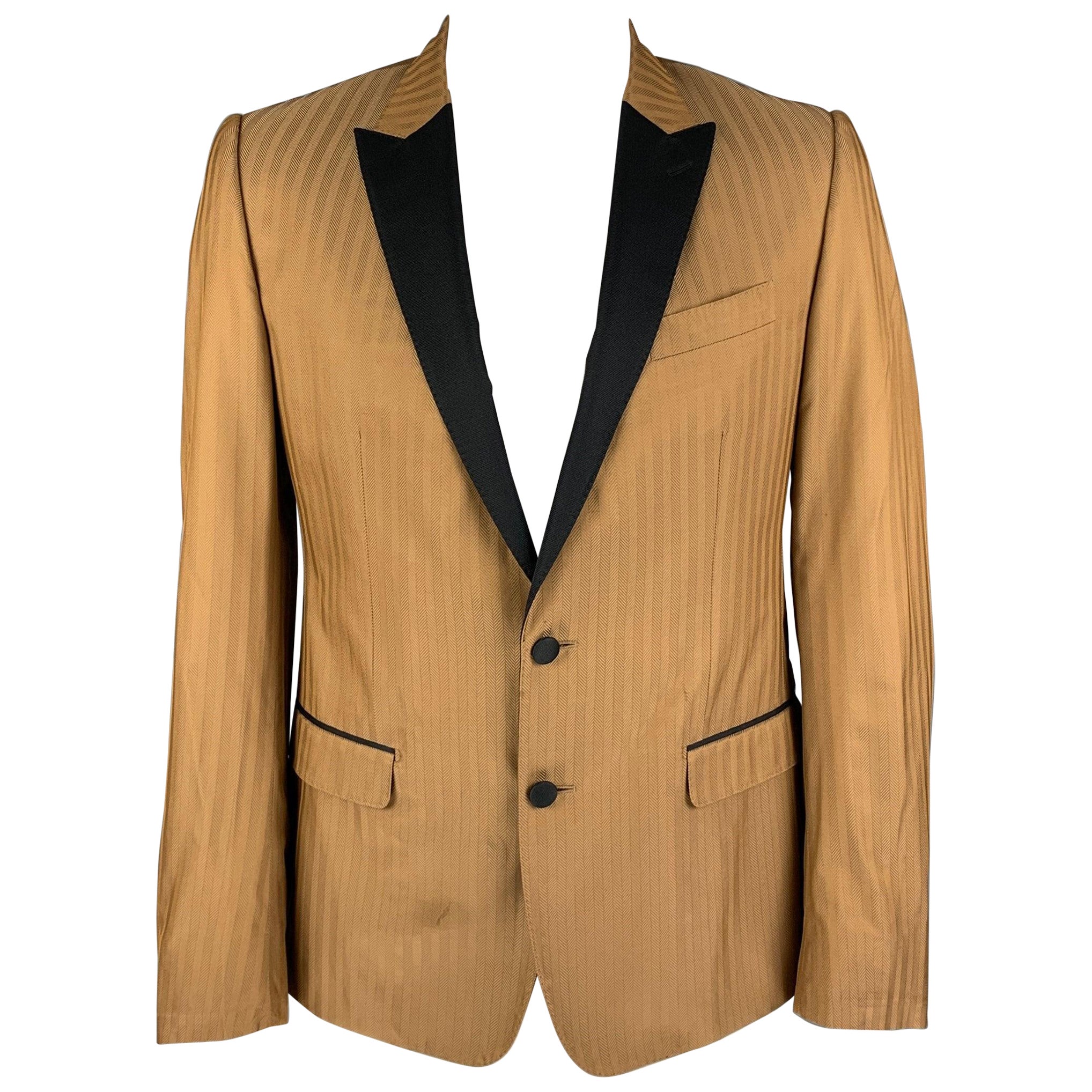 DOLCE & GABBANA Size 42 Tan Black Herringbone Silk Blend Sport Coat For Sale