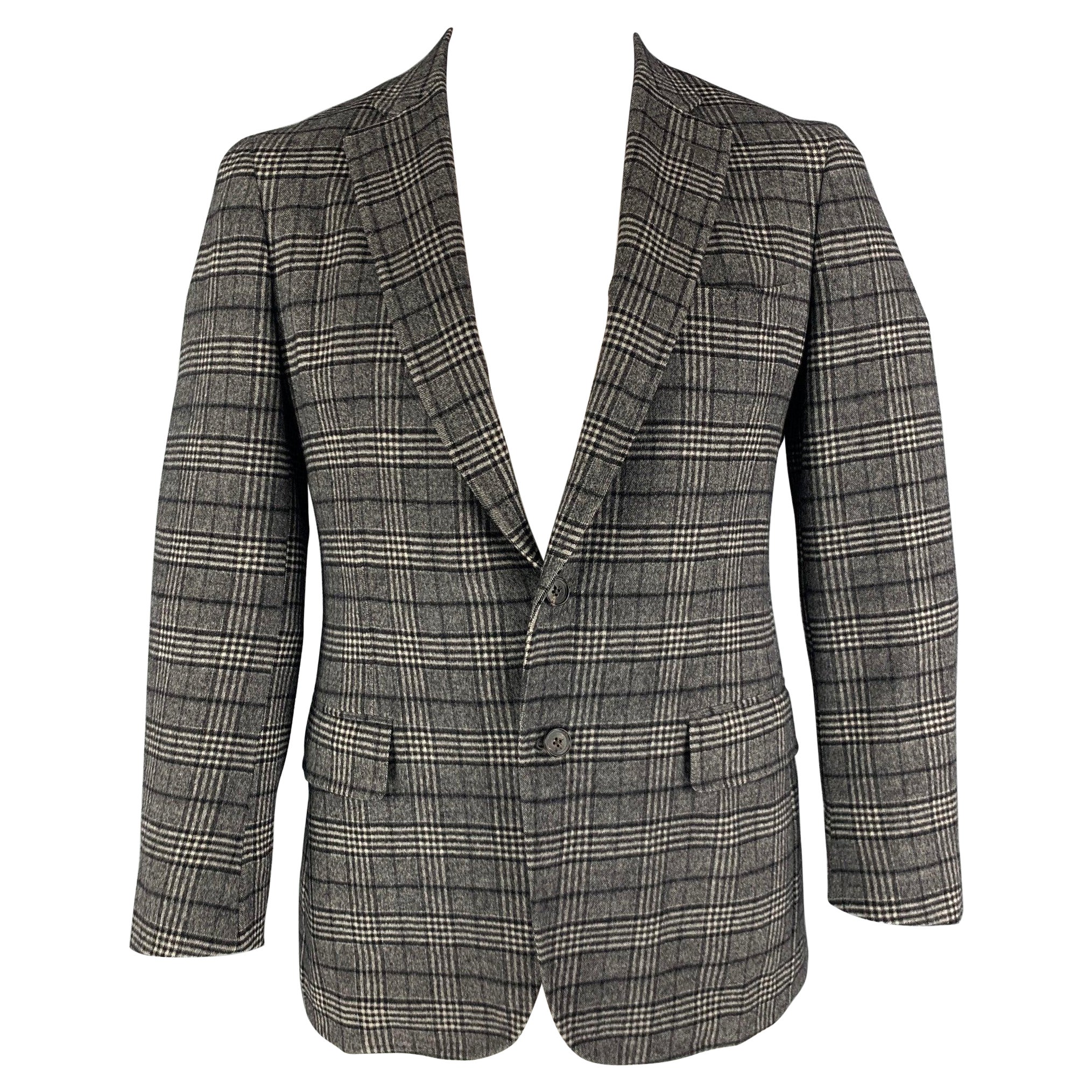 ISAIA Size 42 Black White Plaid Wool Single Breasted Sport Coat For Sale
