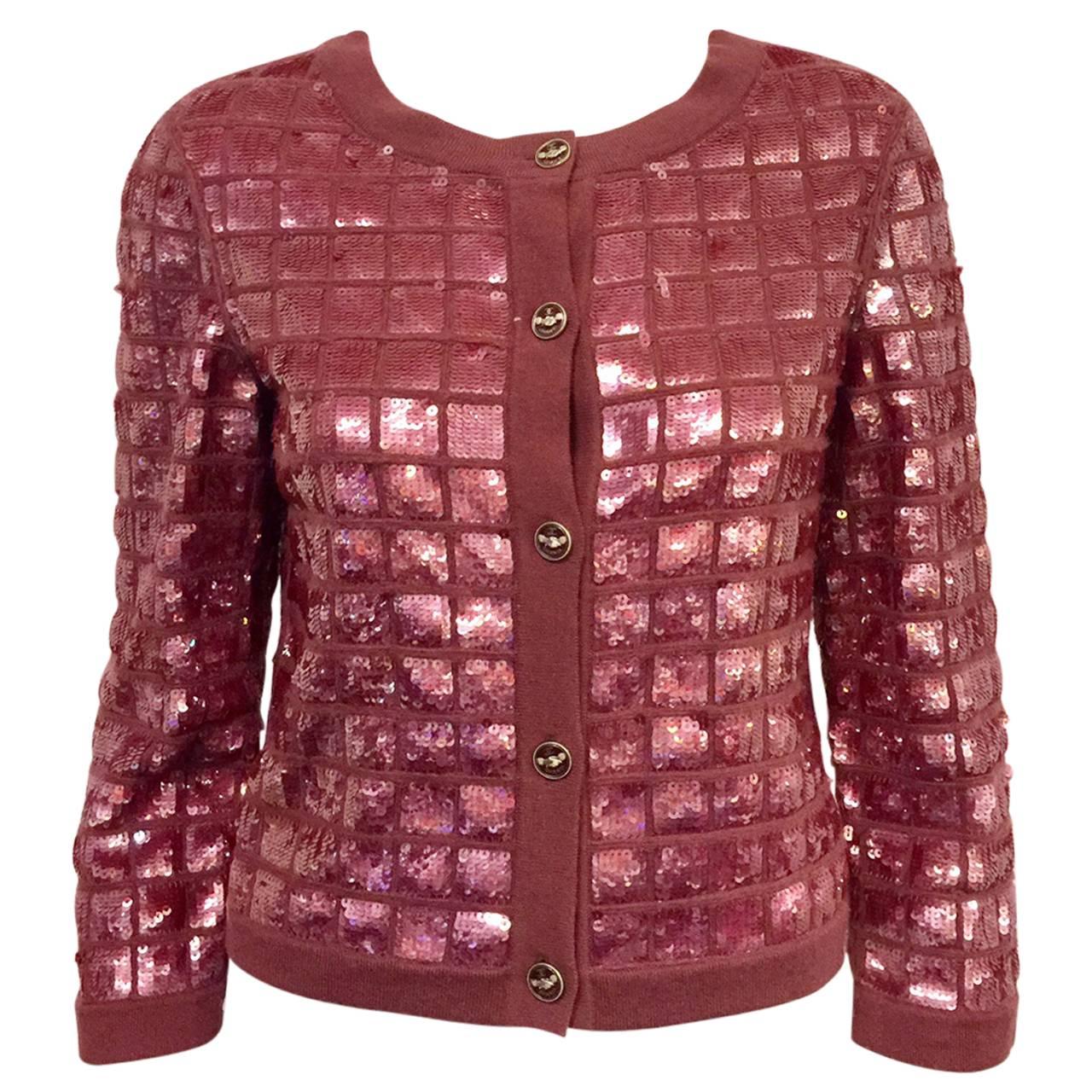 2008 Chanel Med. Burgundy Cashmere Cardigan Iridescent Sequin Embroidery 