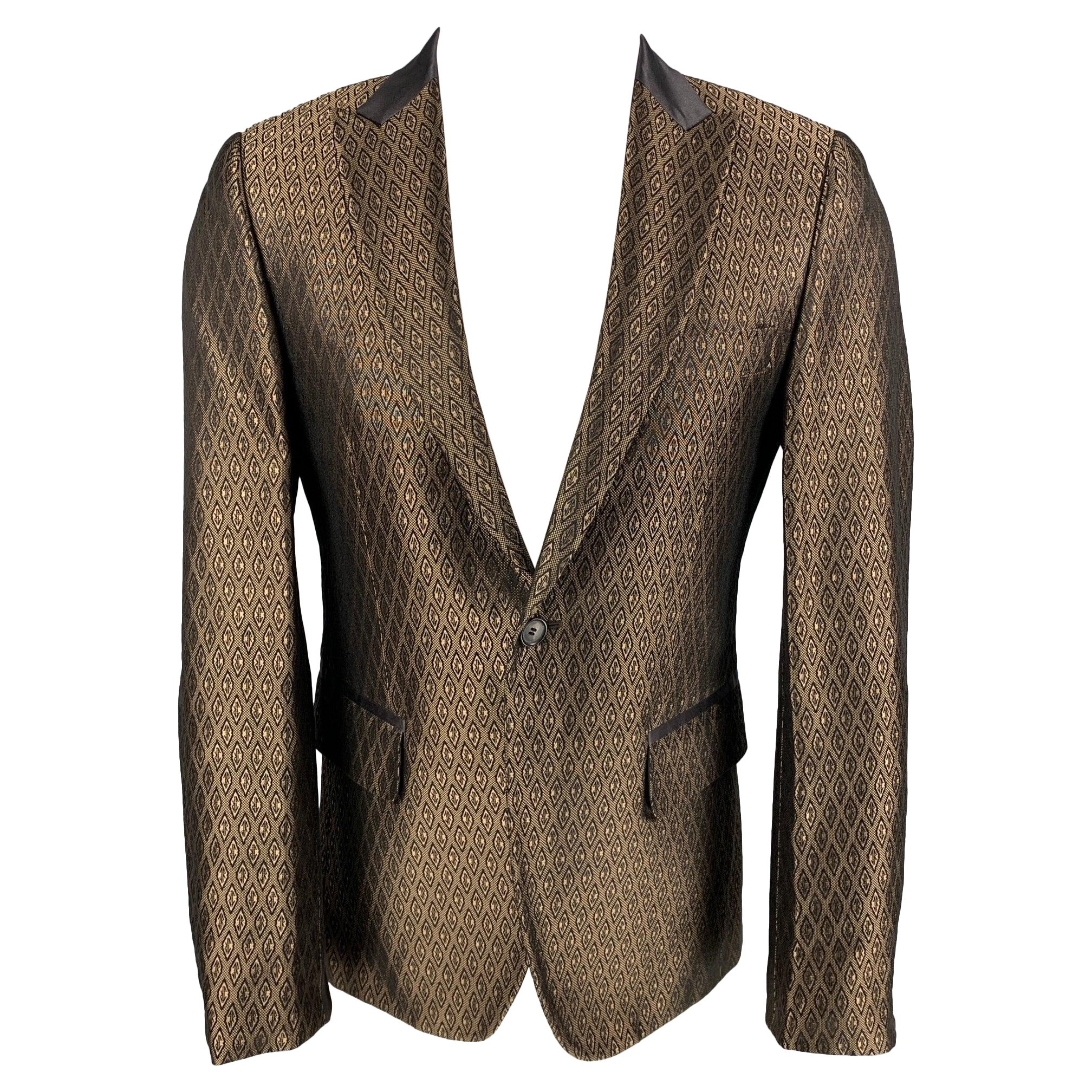 JOHN RICHMOND Size 40 Brown Jacquard Cotton / Silk Peak Lapel Sport Coat For Sale