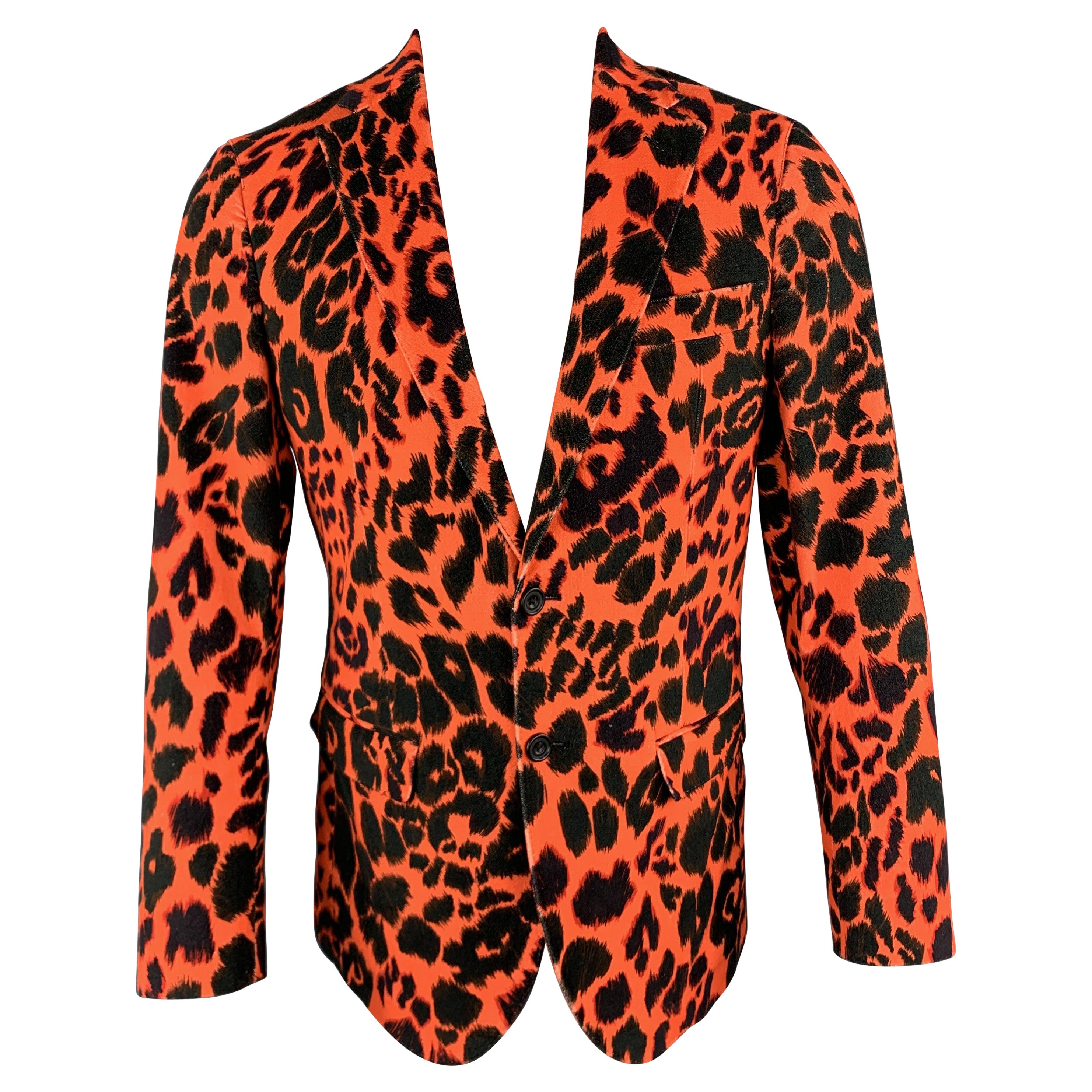 R13 Size 38 Orange & Black Leopard  Print Cotton Velvet Notch Lapel Sport Coat For Sale