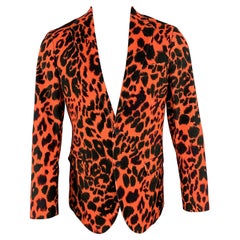 R13 Size 38 Orange & Black Leopard  Print Cotton Velvet Notch Lapel Sport Coat