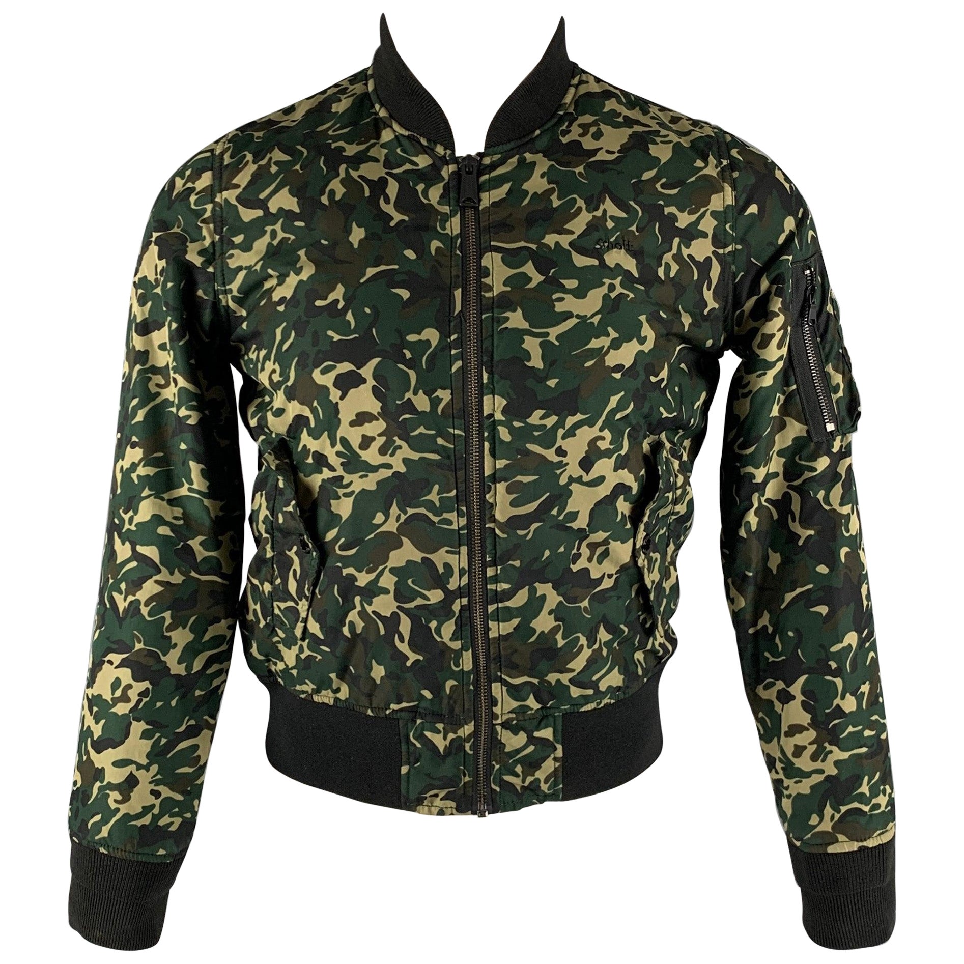 SCHOTT Size M Green Camo Polyester Bomber Jacket For Sale