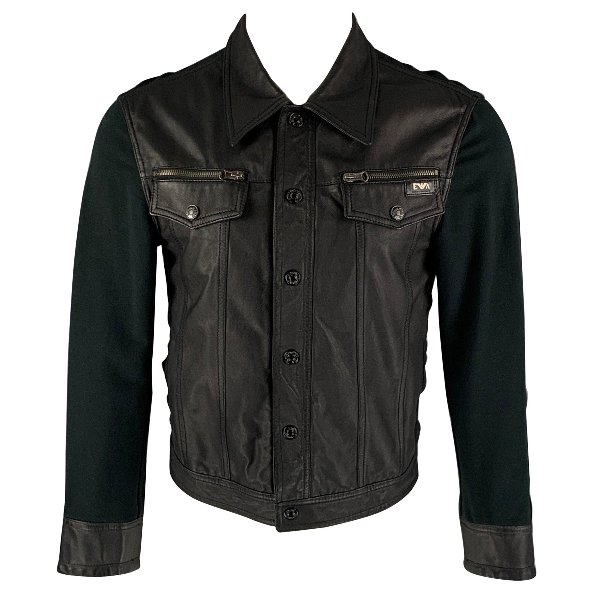 EMPORIO ARMANI Size M Black Sheepskin Leather Cotton Trucker Jacket For Sale