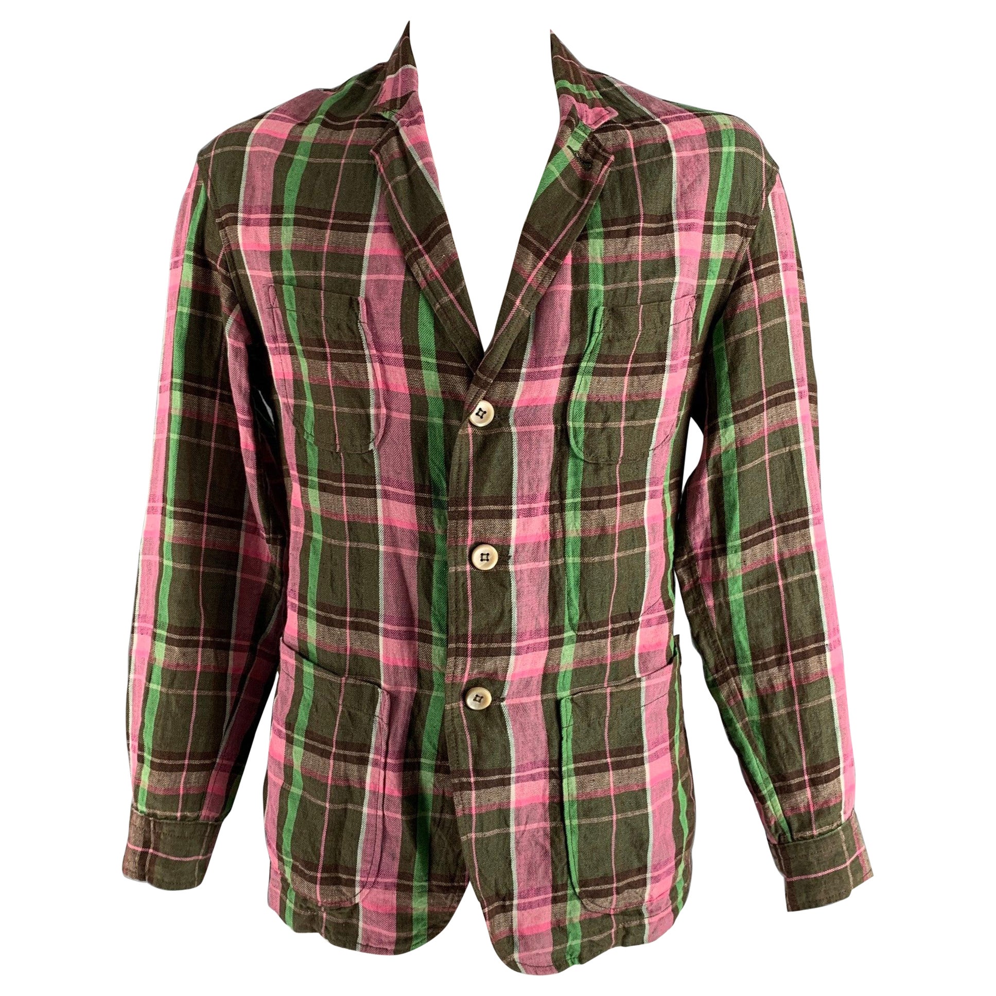 R13 Size L Pink Olive & Brown Plaid Linen Notch Lapel Jacket For Sale