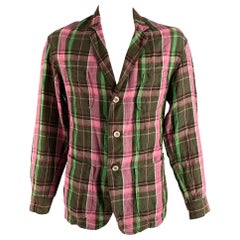 R13 Size L Pink Olive & Brown Plaid Linen Notch Lapel Jacket (veste à revers en lin)