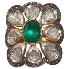 Antique Natural real uncut diamonds sterling silver emerald statement ring
